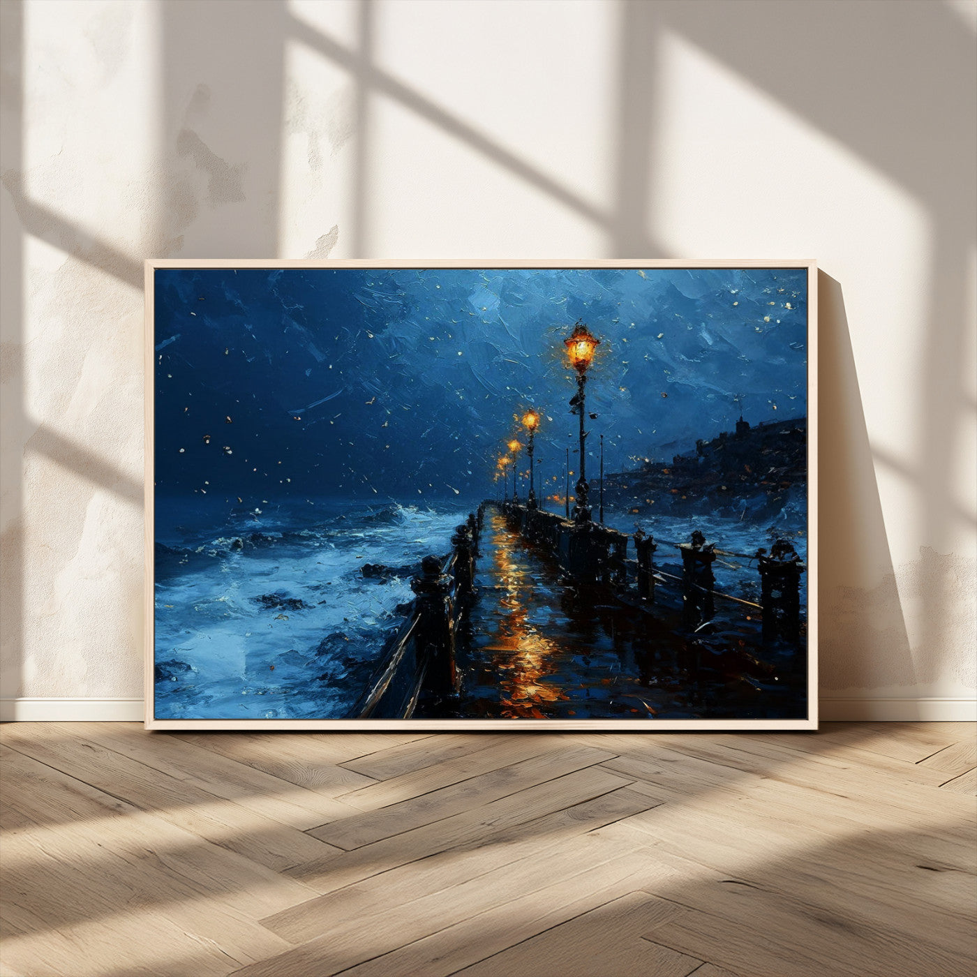 Dark Stormy Pier Wall Art Canvas Print, Moody Ocean Night Scene