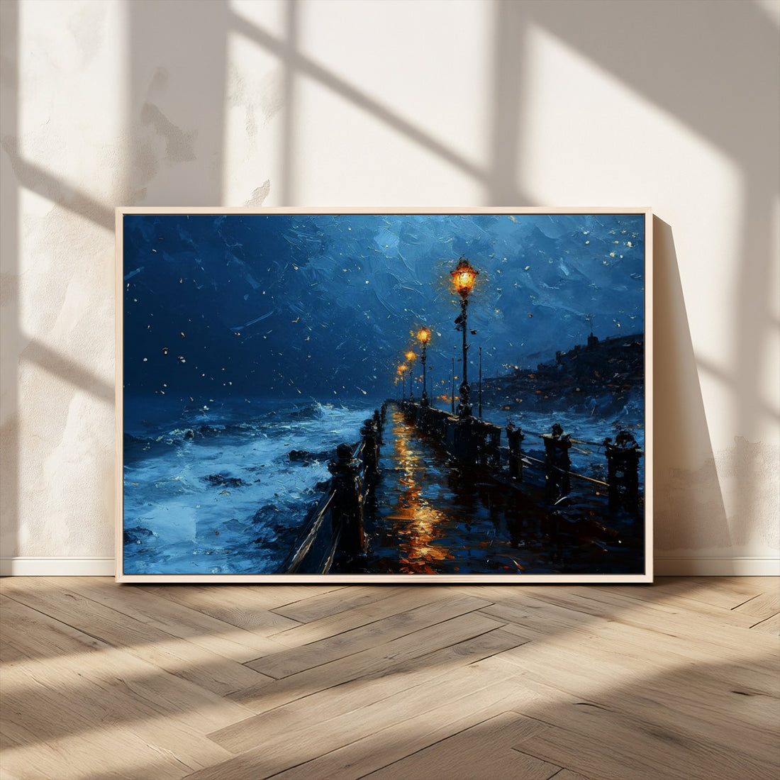 Dark Stormy Pier Wall Art Canvas Print, Moody Ocean Night Scene with Street Lamps
