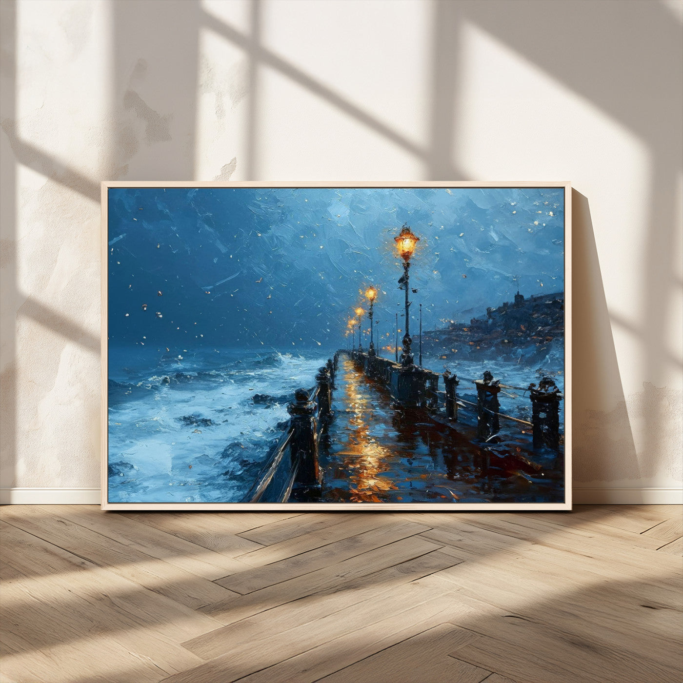 "Impressionistic painting of a stormy pier with street lamps glowing, waves crashing, and a misty ocean under a blue sky."