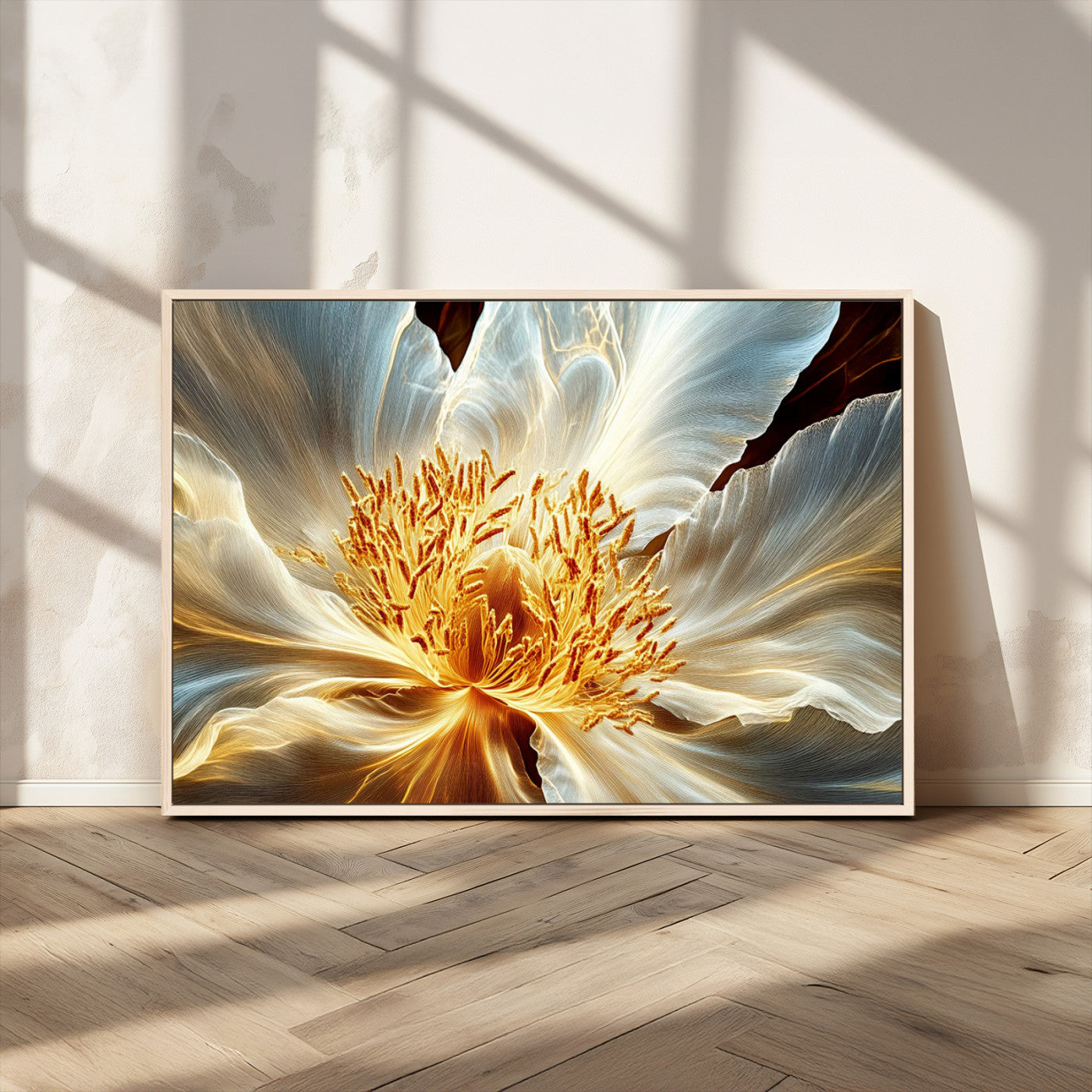 "Close-up of a glowing, abstract flower with delicate white petals and vibrant golden-yellow stamen against a dark background."