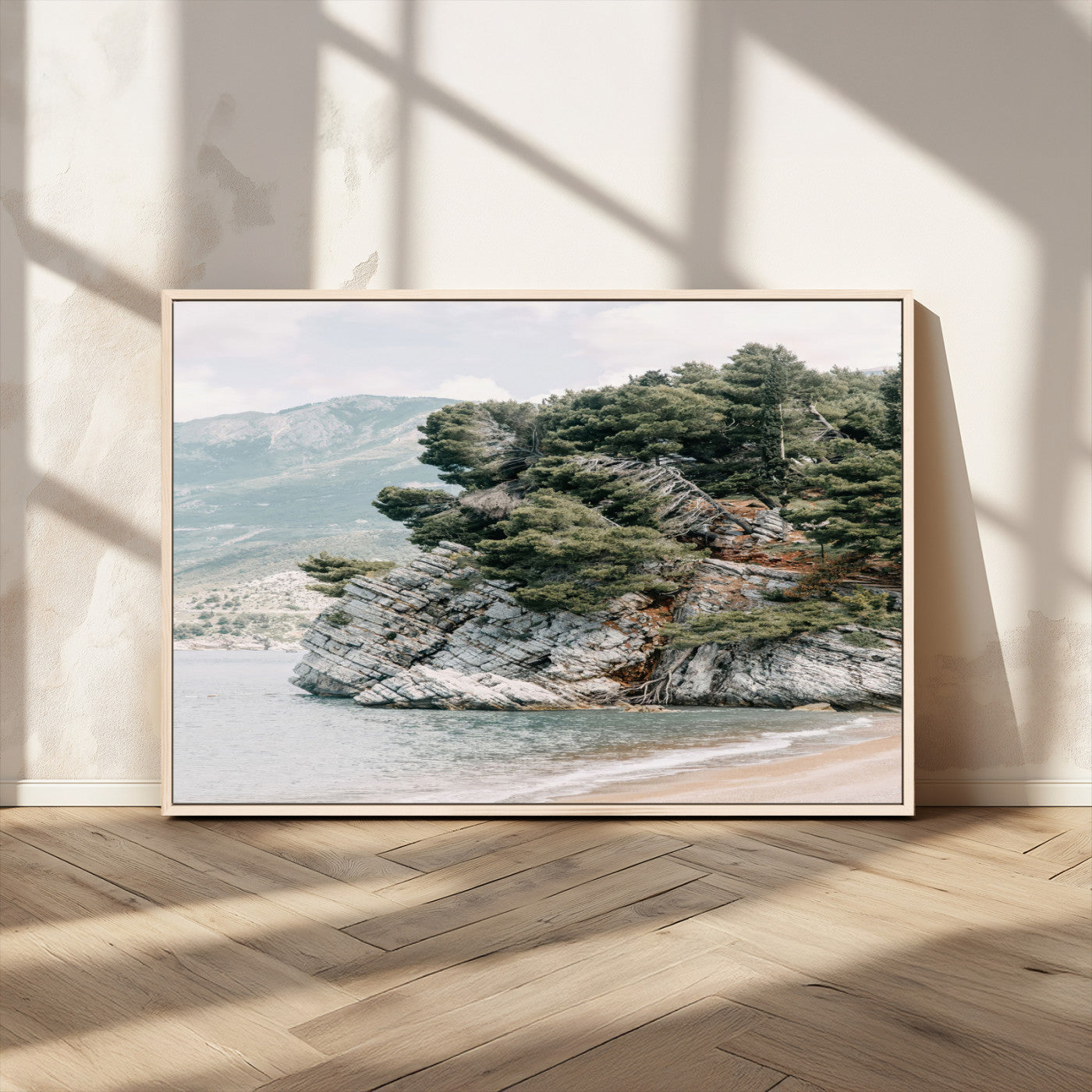 MGV-FC-36X24 - Coastal Rock Canvas Wall Art Print, Scenic Beach Landscape, Pine Trees on Rocky Cliff, Large Nature