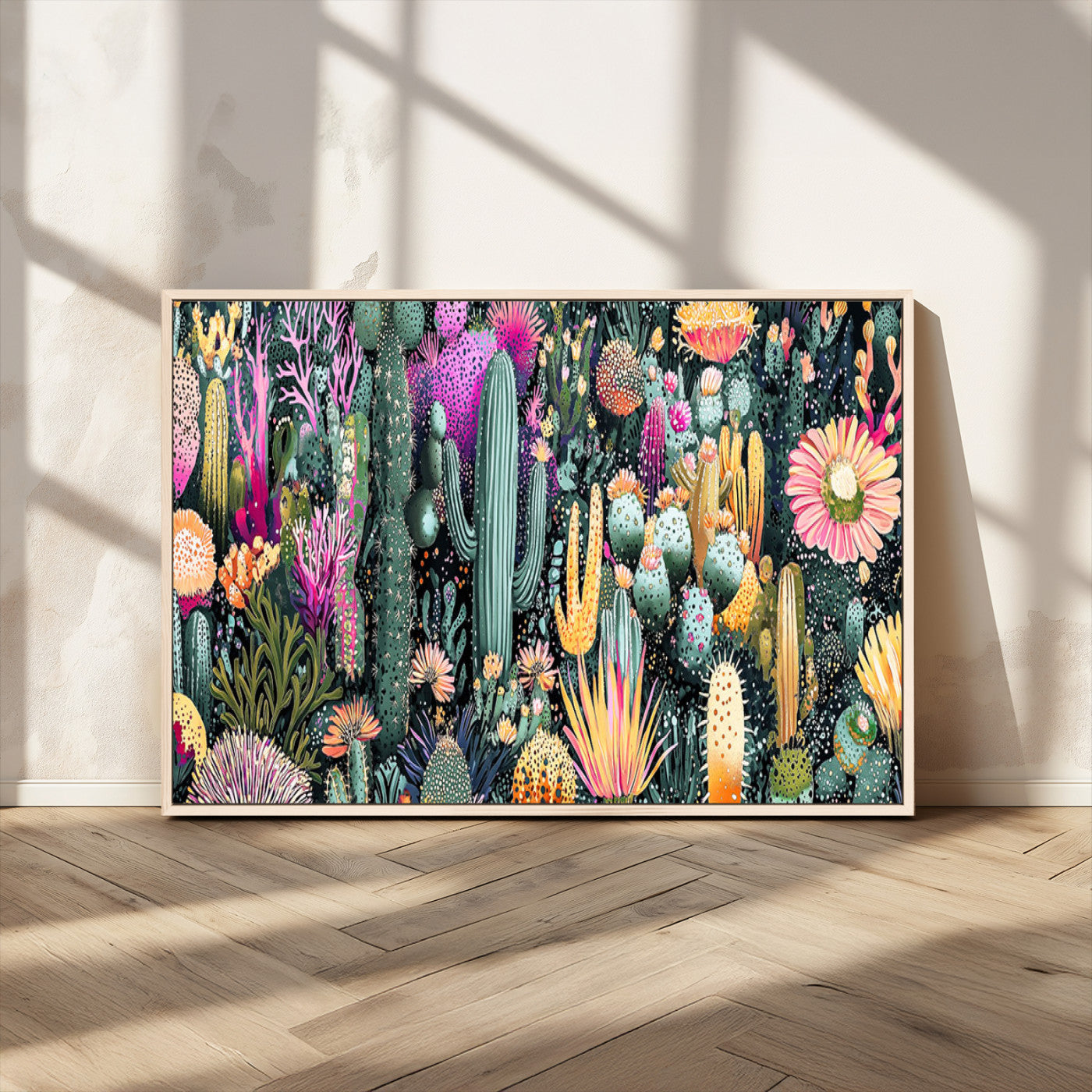 Colorful and detailed painting of various cacti and desert flowers in vibrant hues on a dark background – Wall Art Canvas Print.