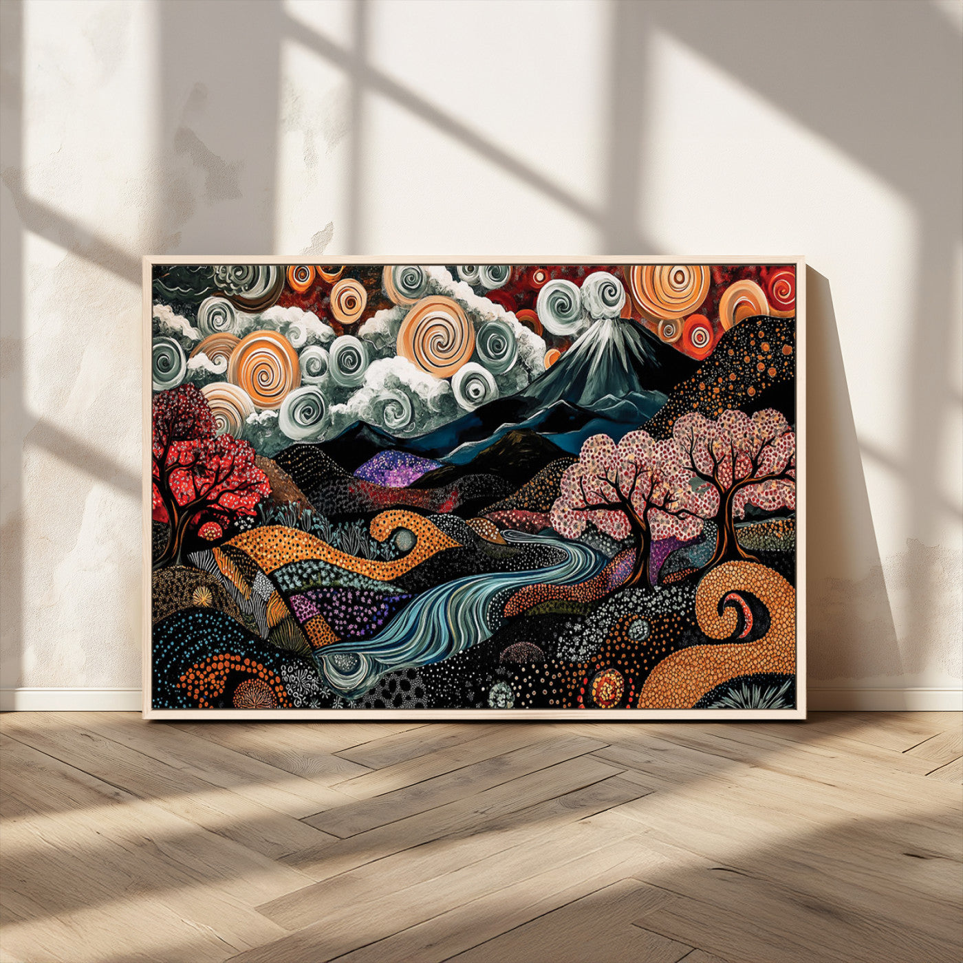 Vibrant abstract landscape painting featuring swirling clouds, colorful trees, flowing river, and textured hills under a mountain – Wall Art Canvas Print.