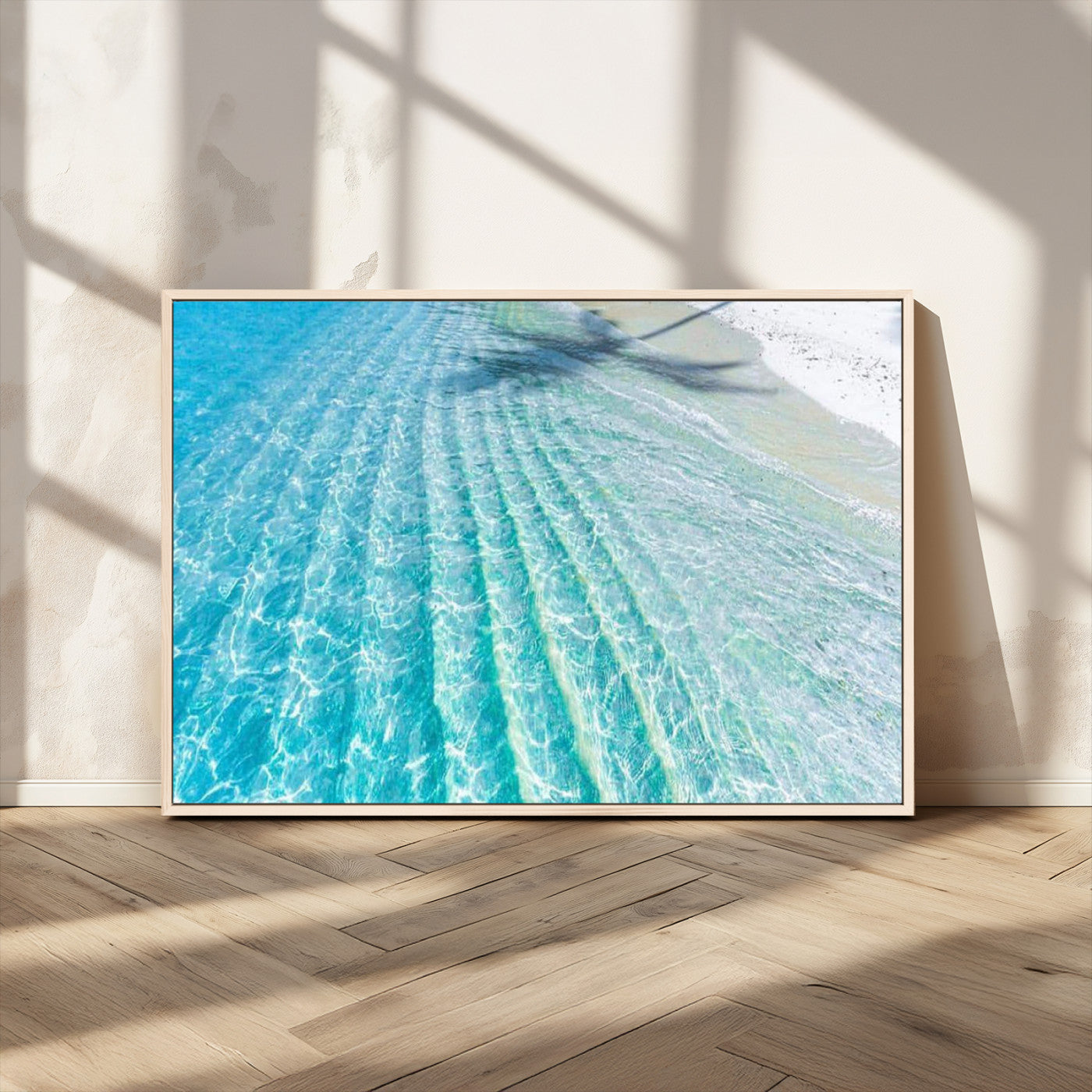 17528159-MGV-CV-36X24-Crystal Clear Shallow Ocean Water with Sunlight Reflections and Palm Tree Shadow on Sandy Beach – Beautiful Wall Art Canvas Print for Coastal Decor