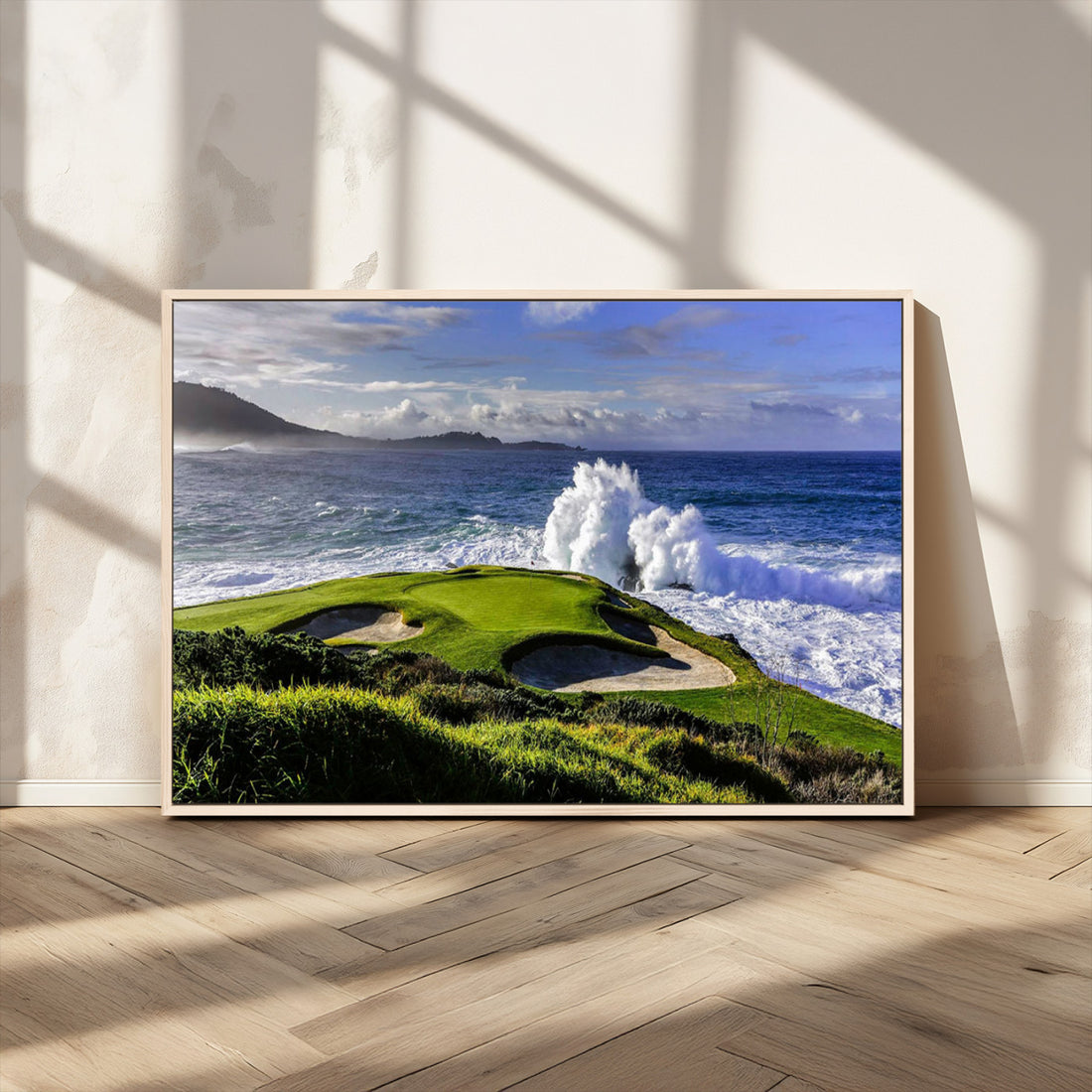 Ocean Waves Wall Art, Dramatic Ocean Waves Crash Against Rocky Coastline Beside Golf Course