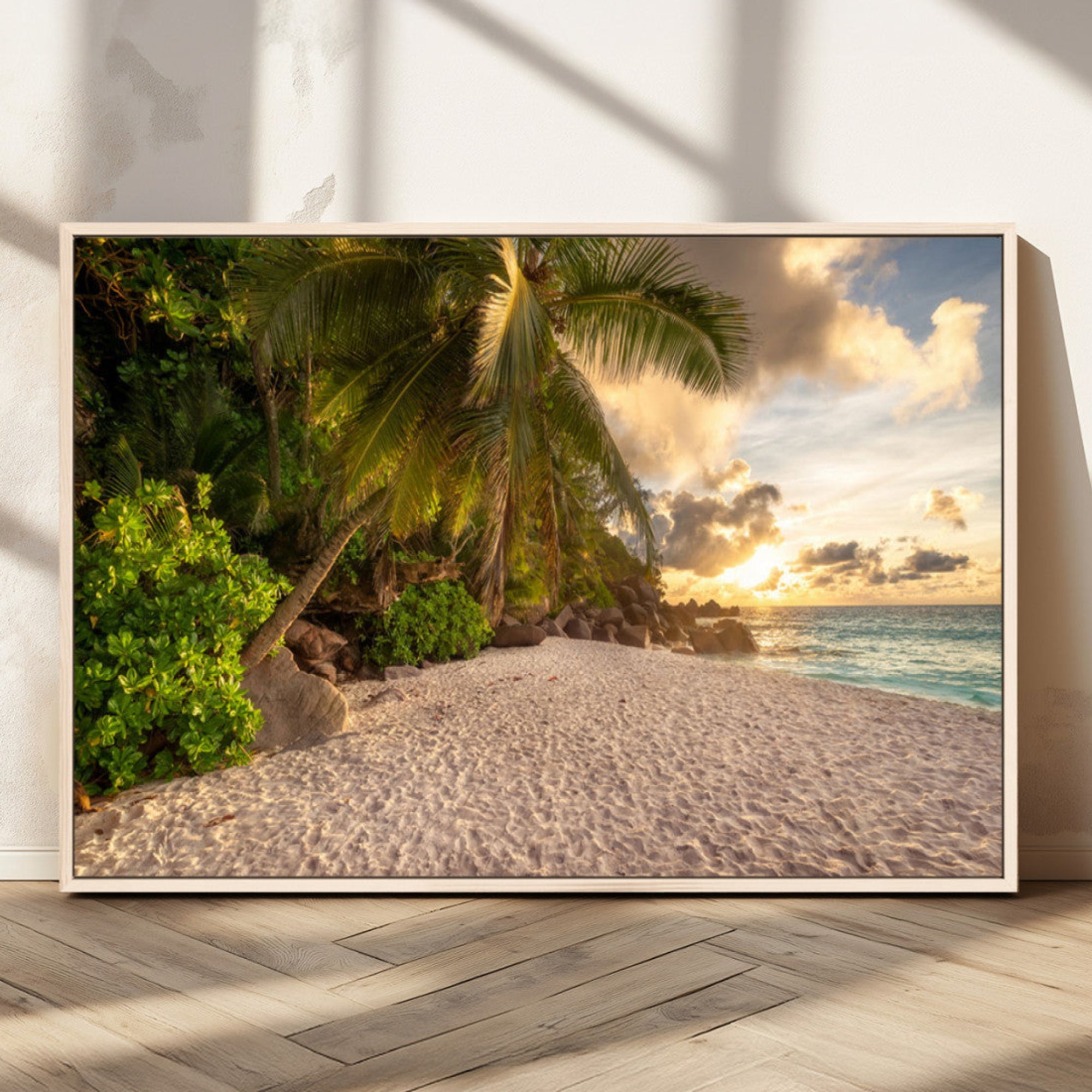 89531159-MGV-CV-36X24-Tropical Beach Sunset Palm Trees White Sand Ocean Waves Golden Sky Serene Landscape Nature Wall Art for Home, Office Decor