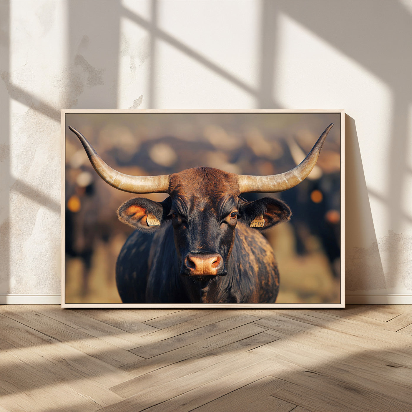 35515971-MGV-CV-36X24-Majestic bull head close-up, long curved horns, detailed fur texture, warm sunlight, focused gaze, Wall Art Canvas Print