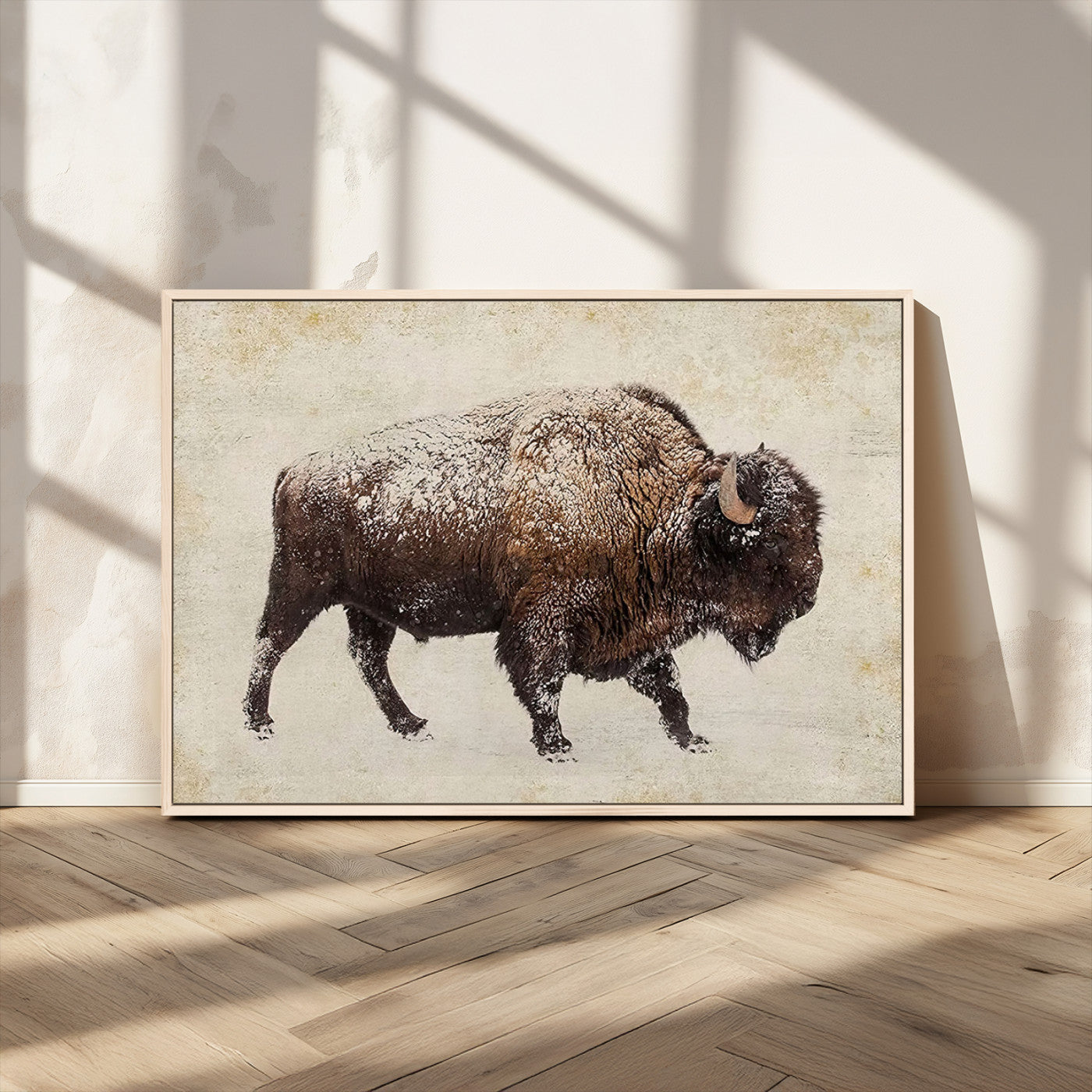 54810031-MGV-CV-36X24-Snow-dusted bison silhouette textured vintage style rugged wildlife art with neutral tones perfect for rustic home decor Wall Art Canvas Print design
