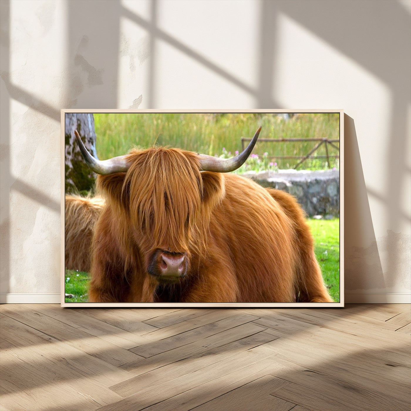 68411138-MGV-CV-36X24-Highland Cow Long Hair Rustic Farm Animal Horns Green Pasture Natural Beauty Outdoor Wall Art Canvas Print