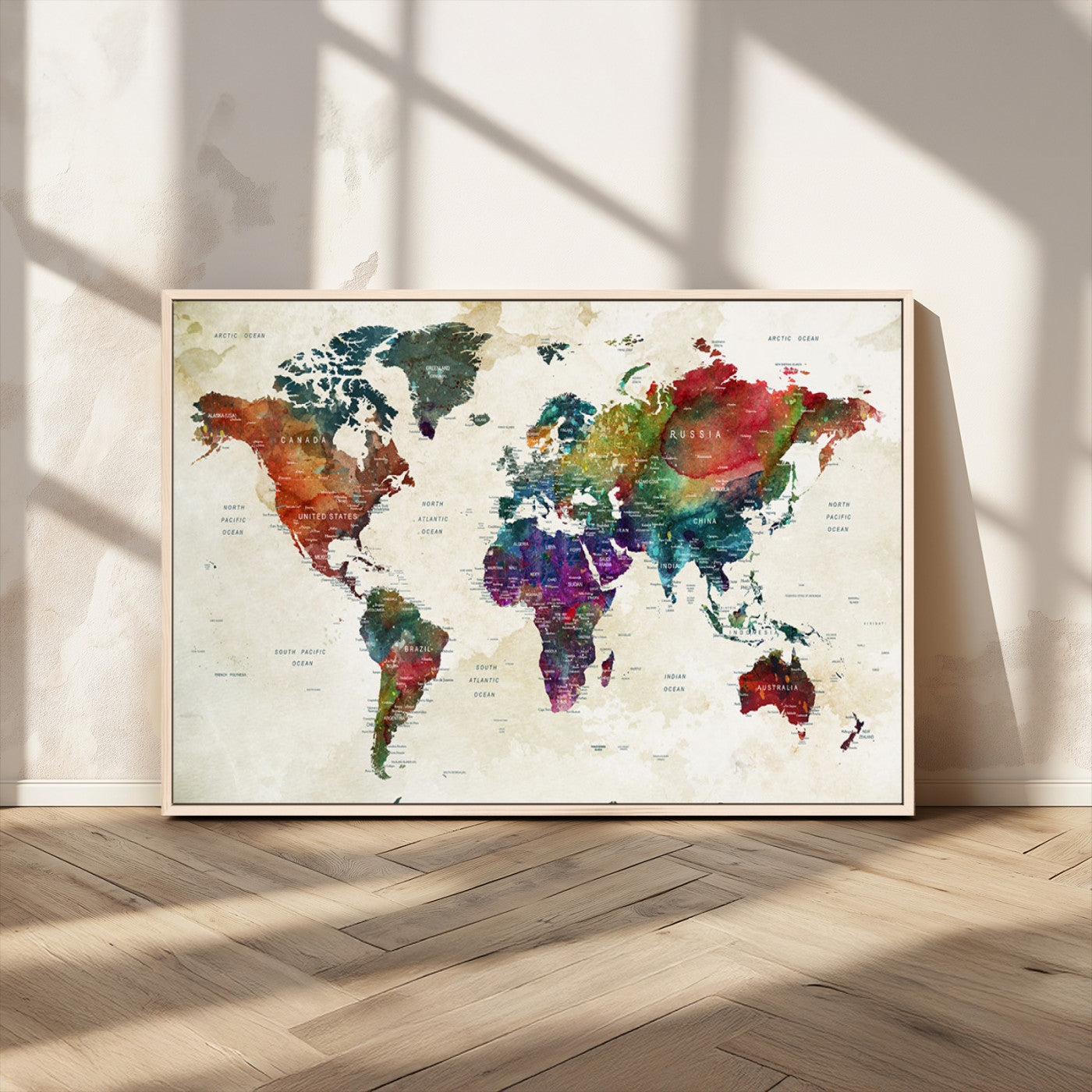 Colorful watercolor world map with countries labeled, featuring rich, vibrant hues across continents on a vintage beige background, Wall Art Canvas Print style.