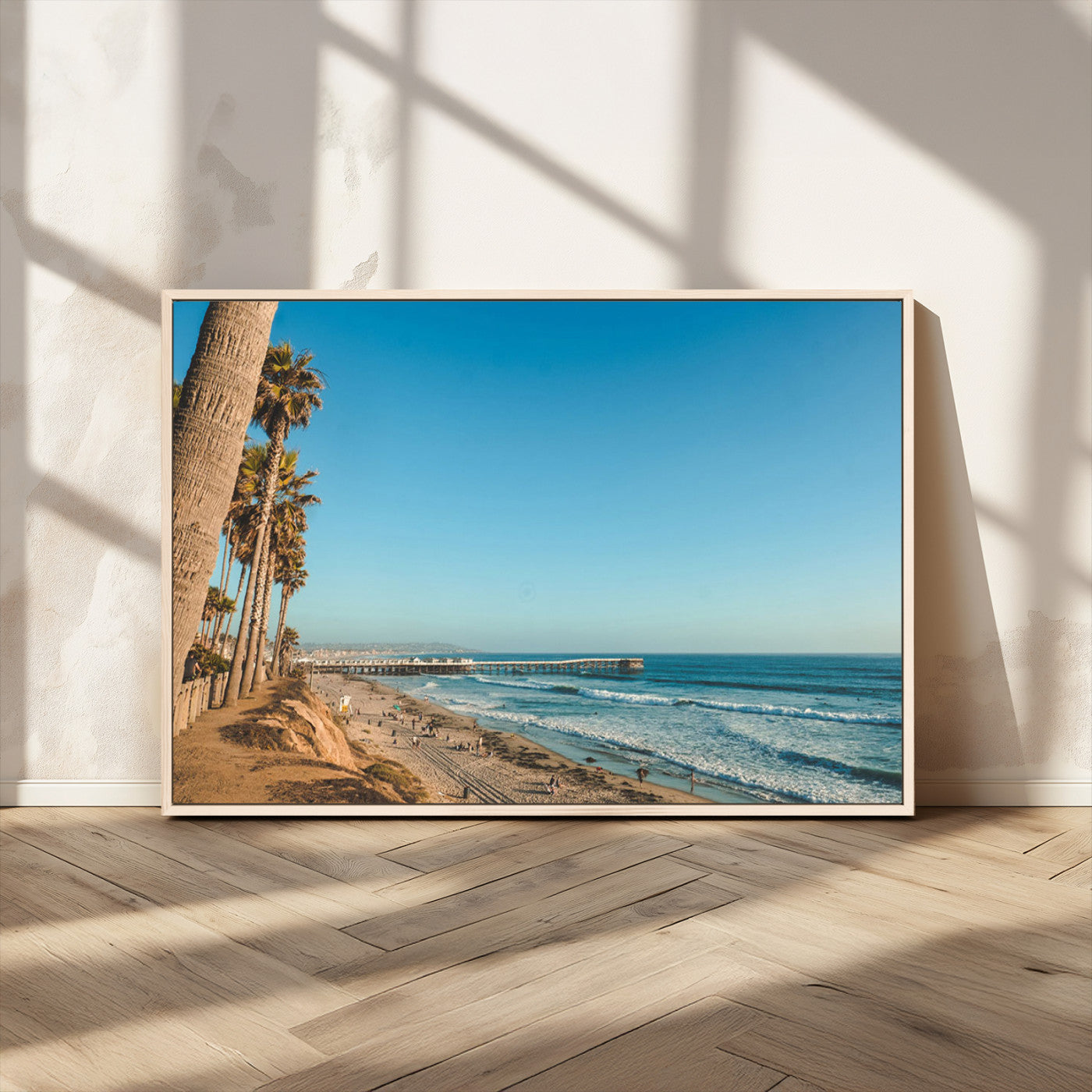 MGV-FC-36X24 - Scenic Beach with Tall Palm Trees, Sandy Shore, and Long Pier Stretching into the Calm Ocean Under