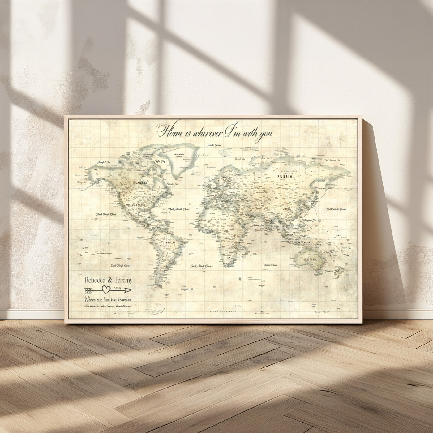 MGV-FC-36X24 - Personalized World Map Wall Art Canvas Print – Custom Push Pin Travel Map for Couples, Families, or Office Décor