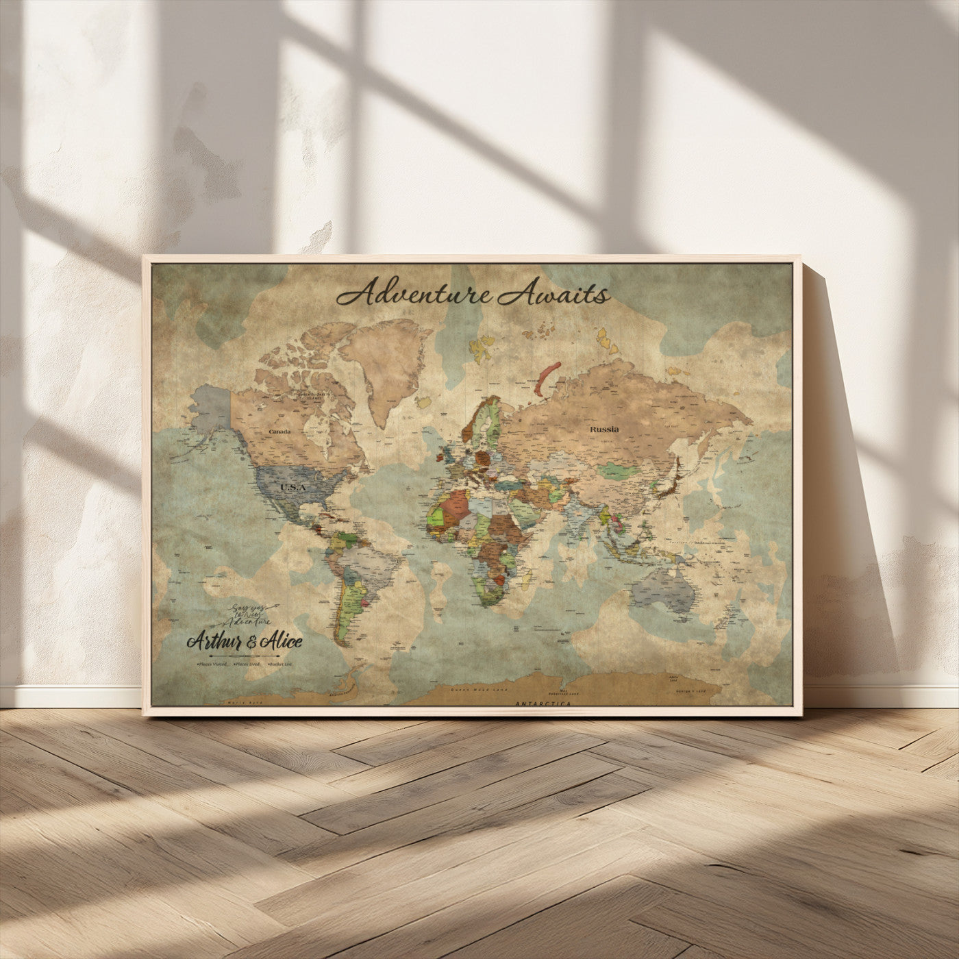 MGV-FC-36X24 - Personalized World Map Wall Art Canvas Print – Custom Push Pin Travel Map for Couples, Families, or Office Décor