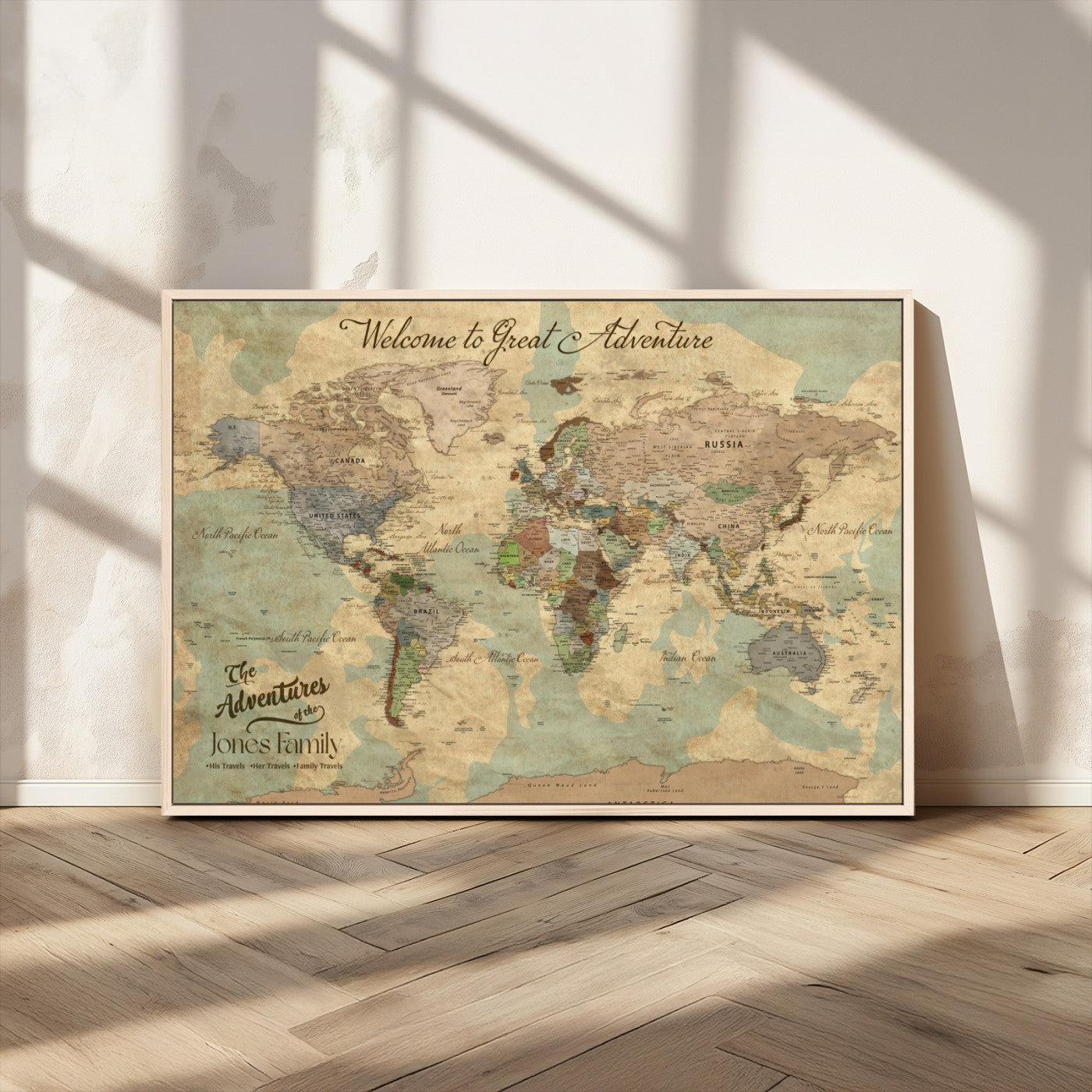 MGV-FC-36X24 - Personalized World Map Wall Art Canvas Print – Custom Push Pin Travel Map for Couples, Families, or Office Décor
