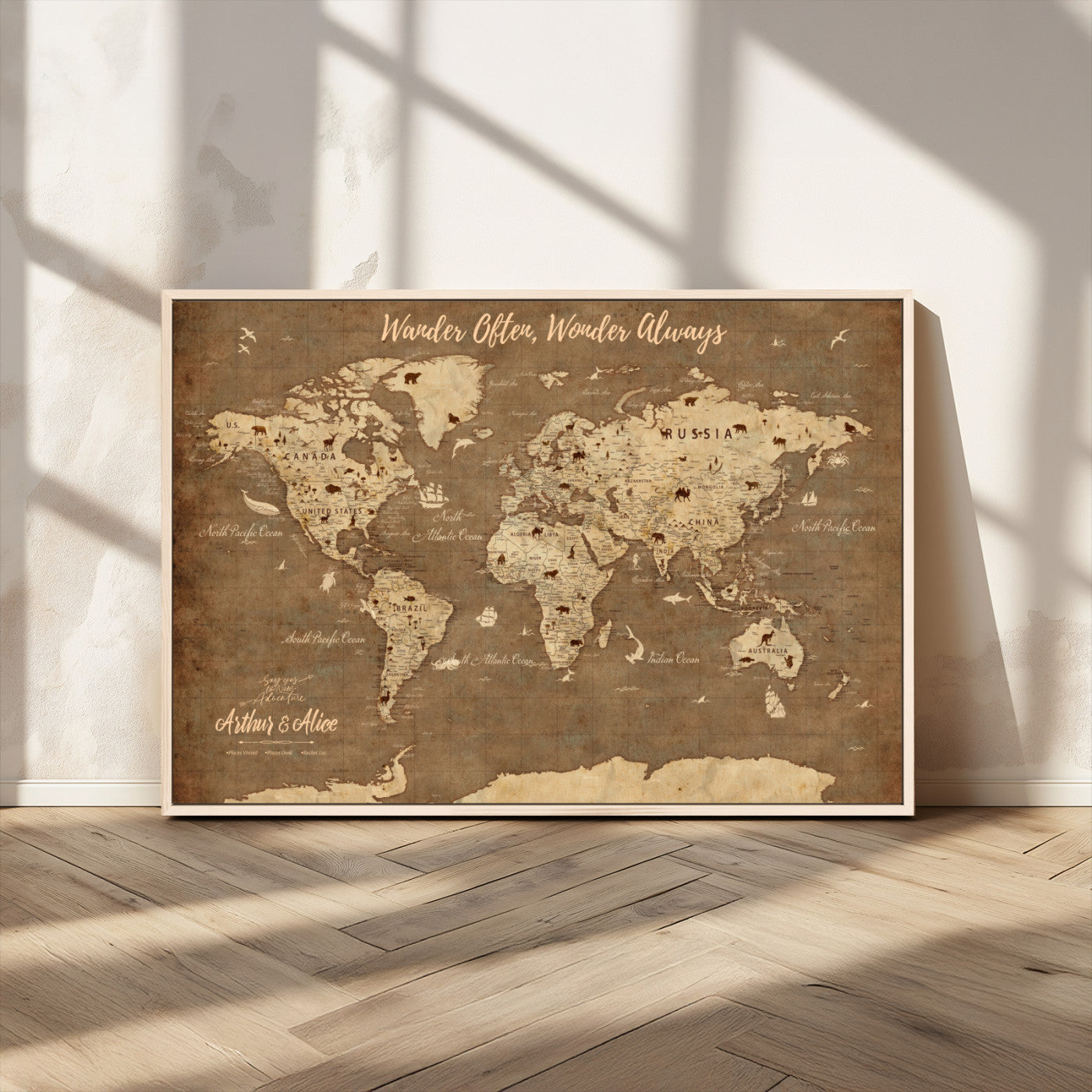 MGV-FC-36X24 - Personalized World Map Wall Art Canvas Print – Custom Push Pin Travel Map for Couples, Families, or Office Décor