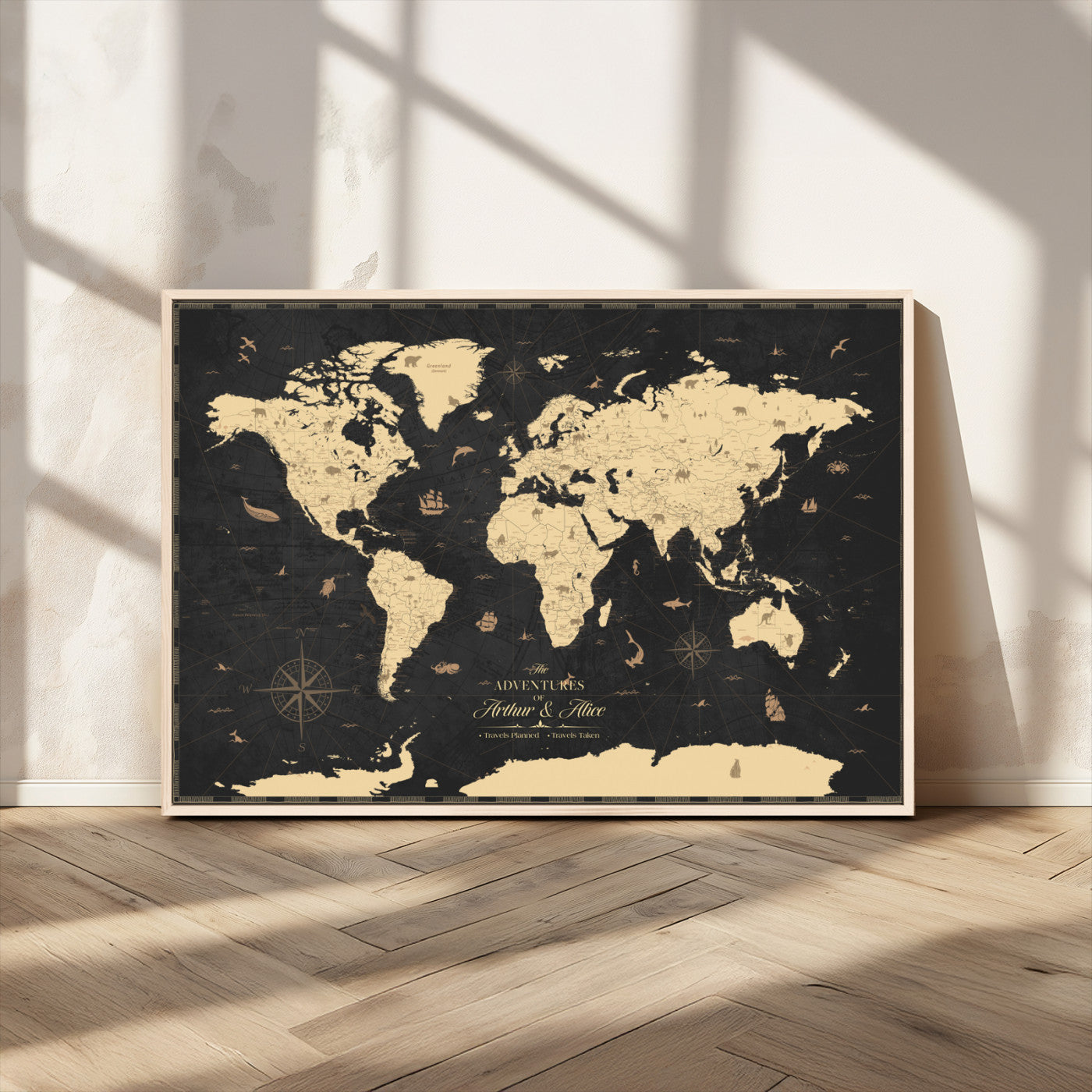 MGV-FC-36X24 - Personalized World Map Wall Art Canvas Print – Custom Push Pin Travel Map for Couples, Families, or Office Décor