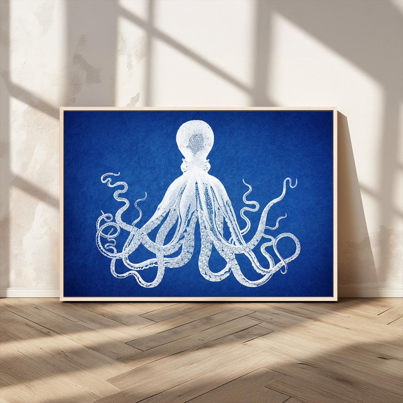 MGV-FC-36X24 - Large 3-Panel Blue Octopus Canvas Wall Art | Coastal Marine Life Artwork for Living Room, Bedroom,