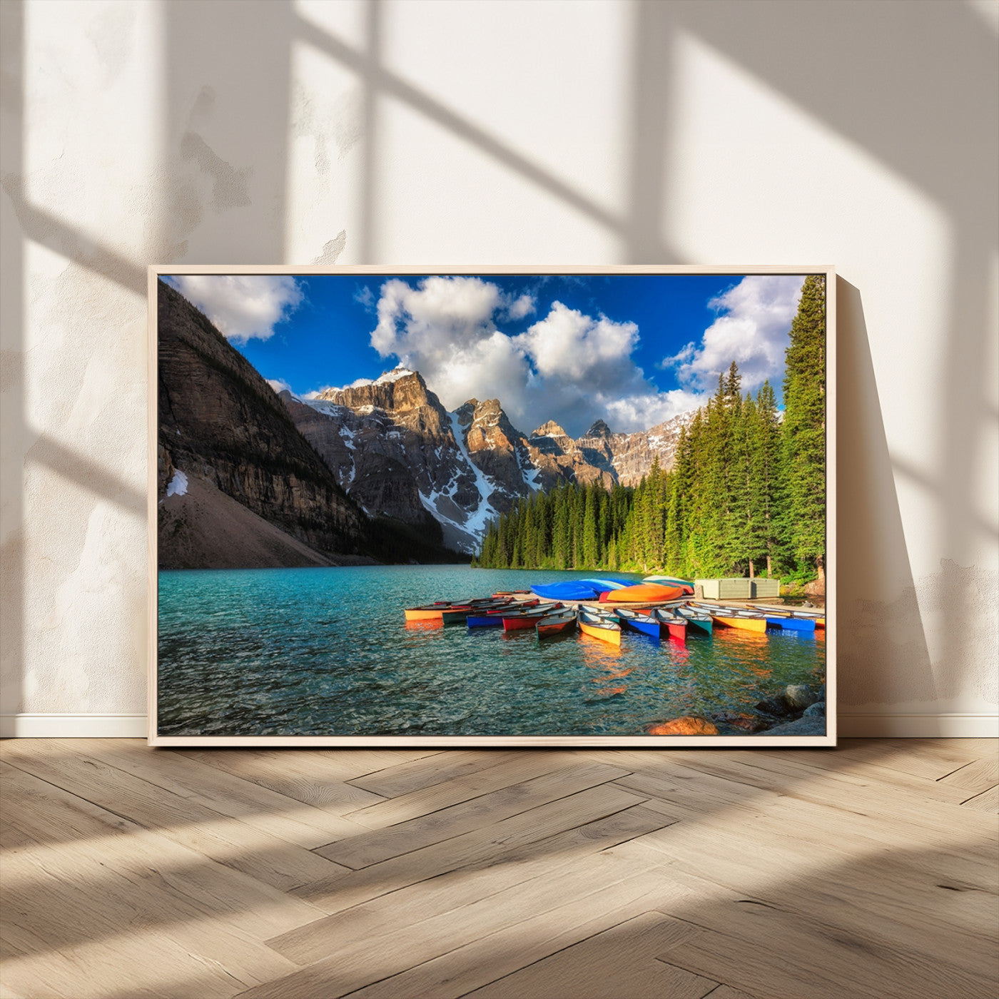 MGV-FC-36X24 - Moraine Lake 3-Panel Wall Art, Majestic Mountain and Lake Landscape Canvas Print Canoes on Moraine