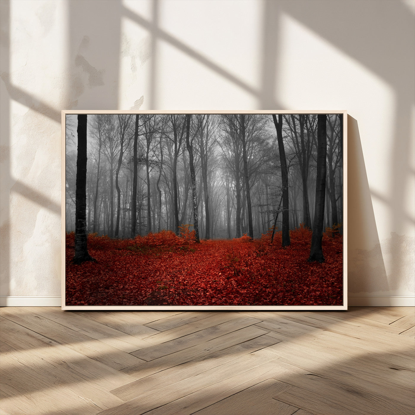 MGV-FC-36X24 - Red Forest Floor Canvas Wall Art – Mystical Foggy Woodland Triptych – Nature-Inspired Decor for