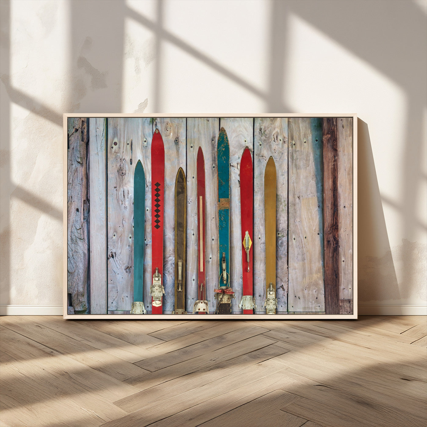 MGV-FC-36X24 - Vintage Wooden Weathered Ski's in Front of an Old Barn Wall Art Canvas Print for Farmhouse, Cabin