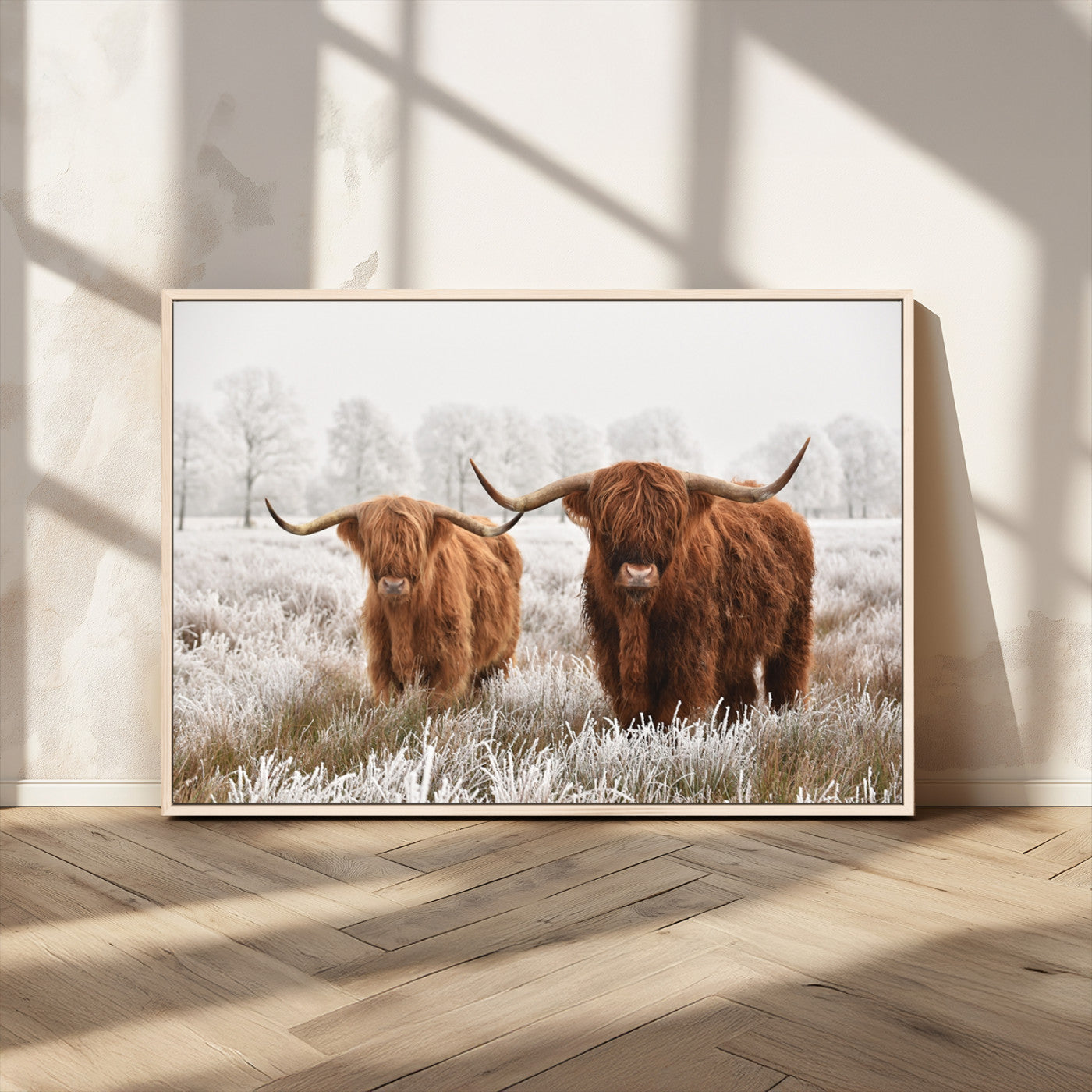 MGV-FC-36X24 - Longhorn Cattle Wall Art Canvas Print, Framed Farmhouse Style Art Picture Print, Rustic Cow Perfect Rustic Farmhouse Decor Artwork
