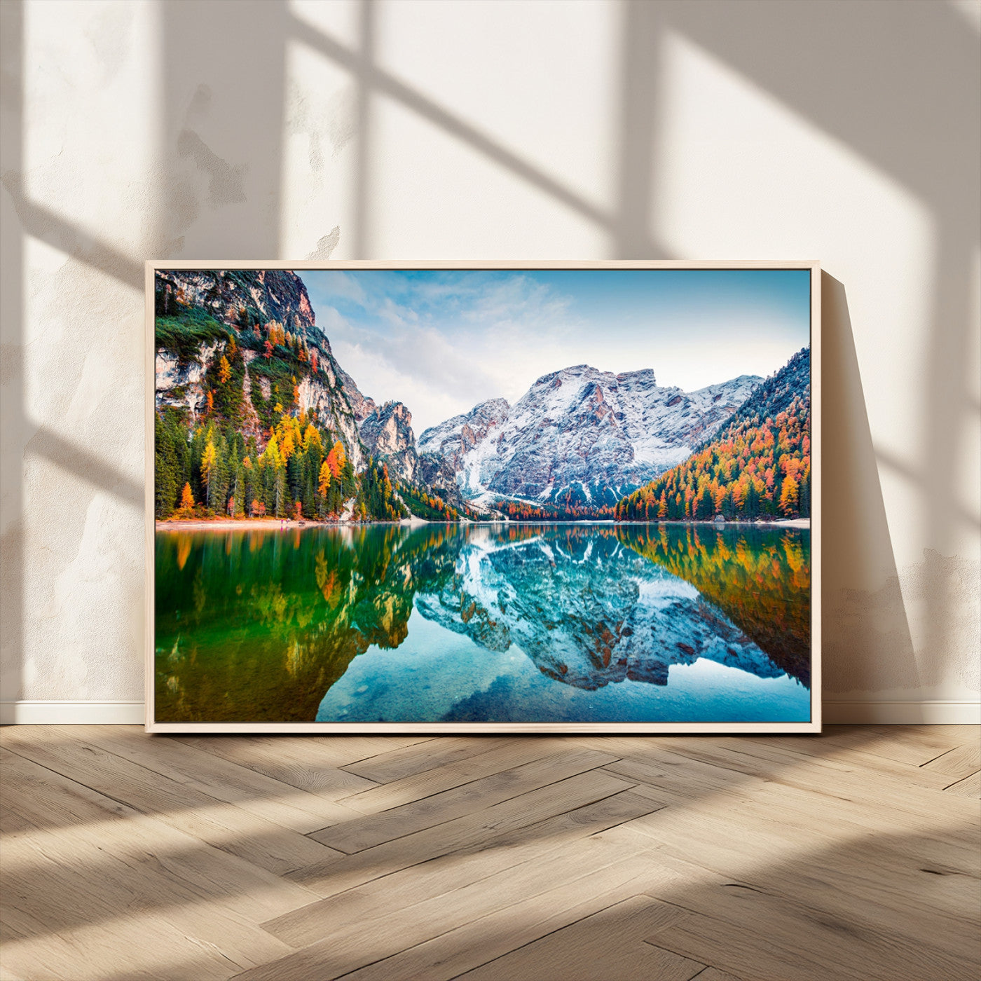 11645-MGV-FC-36X24_Natural-Spectacular autumn view of Braies Lake Wall Art Canvas Print