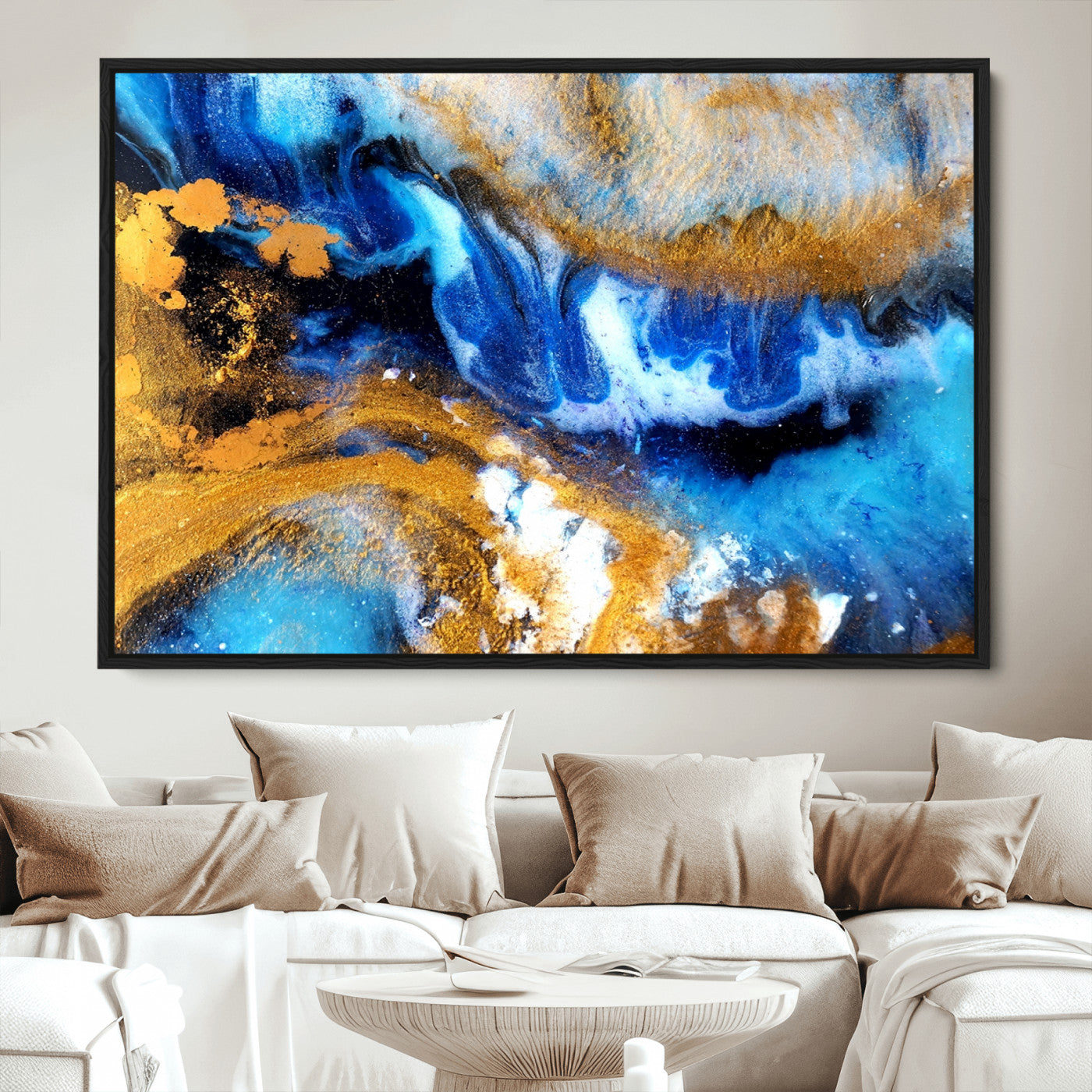 42100-MGV-CV-36X24-Blue Orange Marble Fluid Effect Canvas Wall Art Print