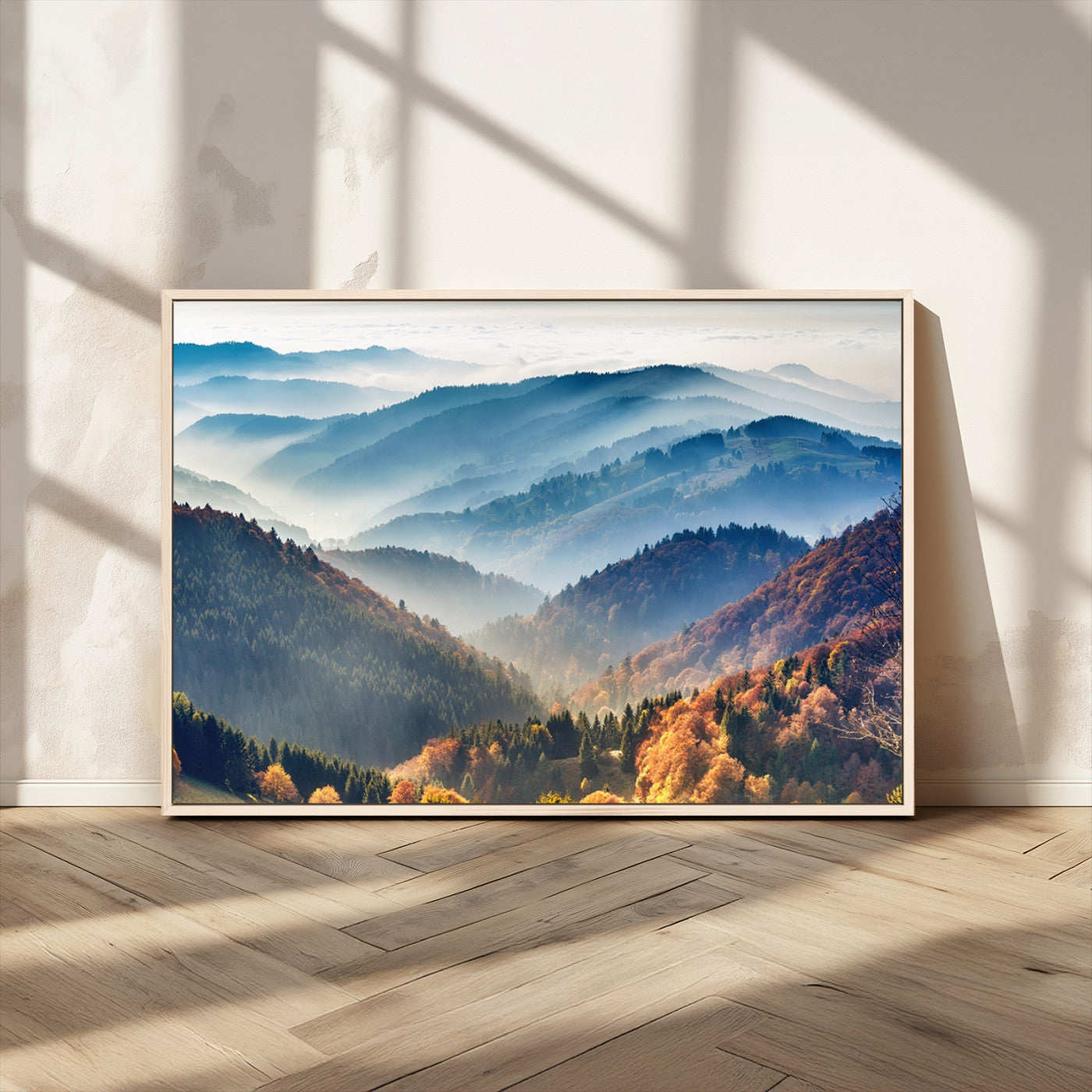 MGV-FC-36X24 - Misty Mountain Sunrise Triptych Canvas Print – Autumn Landscape Wall Art – Scenic Nature Decor –