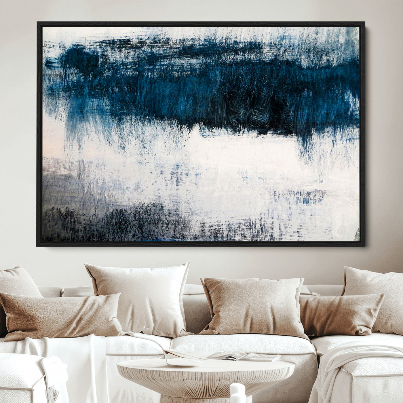 38954-MGV-CV-36X24-Abstract Blue and White Canvas Art | Large Wall Art for Modern Living Room Decor | Minimalist Brushstroke Painting on Canvas