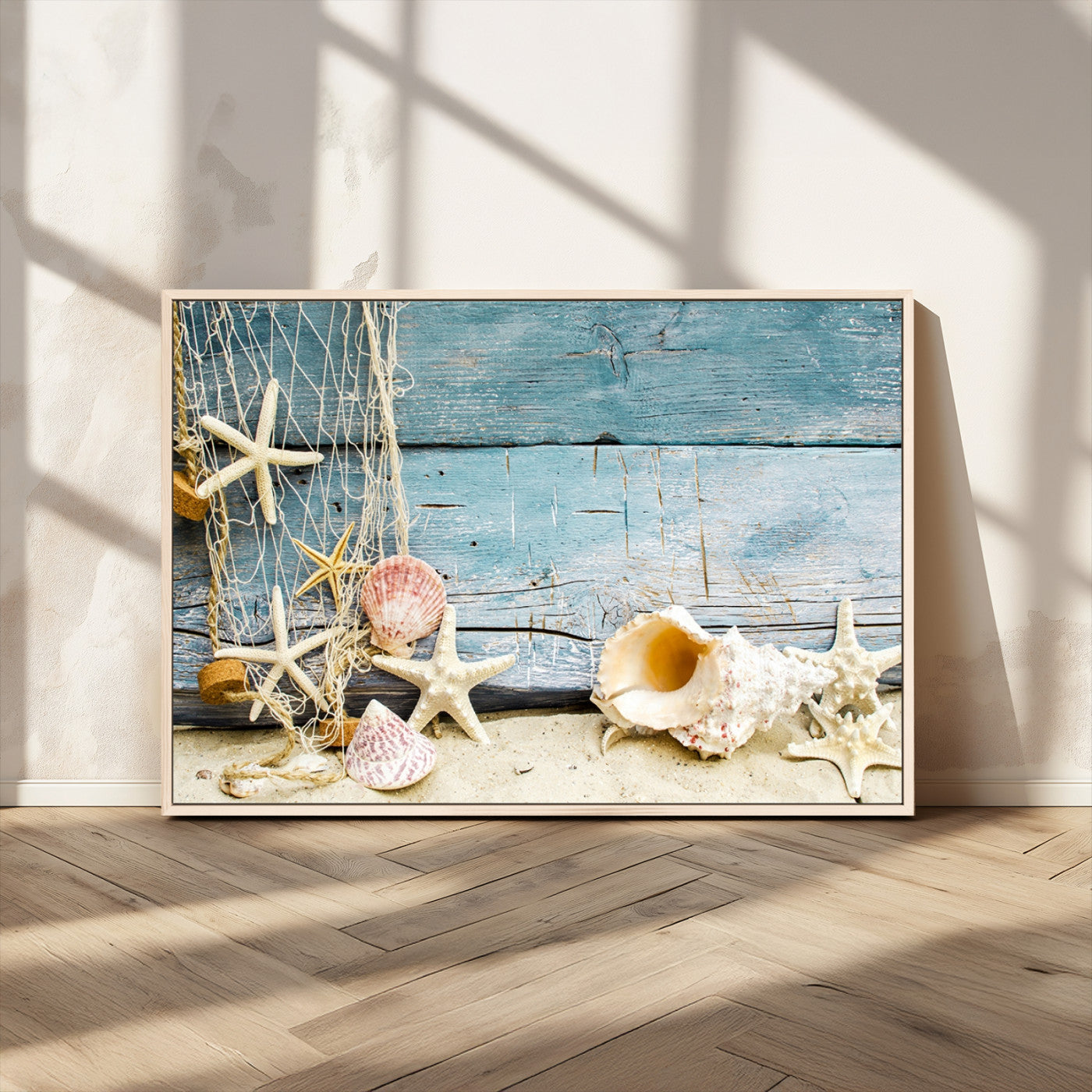 MGV-FC-36X24 - Seashells on Rustic Wooden Background, Seashells Wall Art Canvas Print