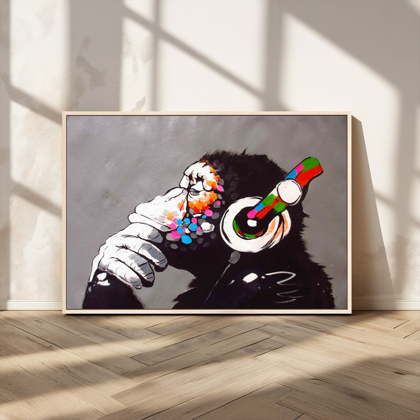 MGV-FC-36X24 - Dj Monkey Listening to Music Wall Art Print | Banksy Monkey Large Canvas Print for Living Room,