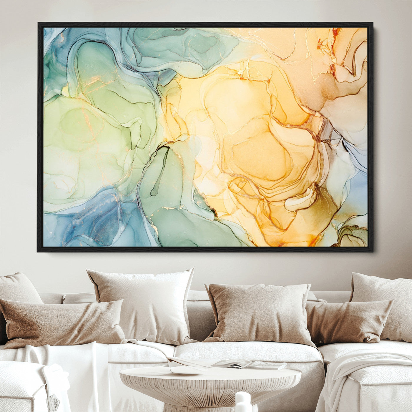 42195-MGV-CV-36X24-Green and Yellow Marble Fluid Effect Wall Art, Green and Yellow Marble Canvas Wall Art Print