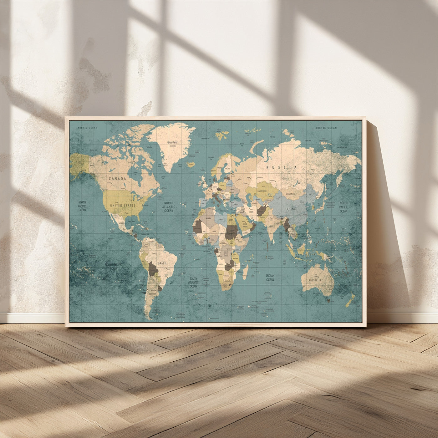 MGV-FC-36X24 - Classic World Map Wall Art Canvas Print, Framed Retro Map Art Picture Print, Vintage Atlas Perfect Rustic Explorer Decor Artwork