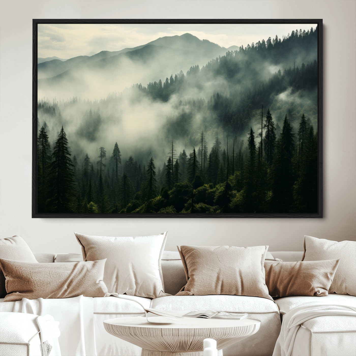 25295-MGV-CV-36X24-Captivating Misty Forest Wall Art Premium Canvas Print a Foggy and Serene Atmosphere