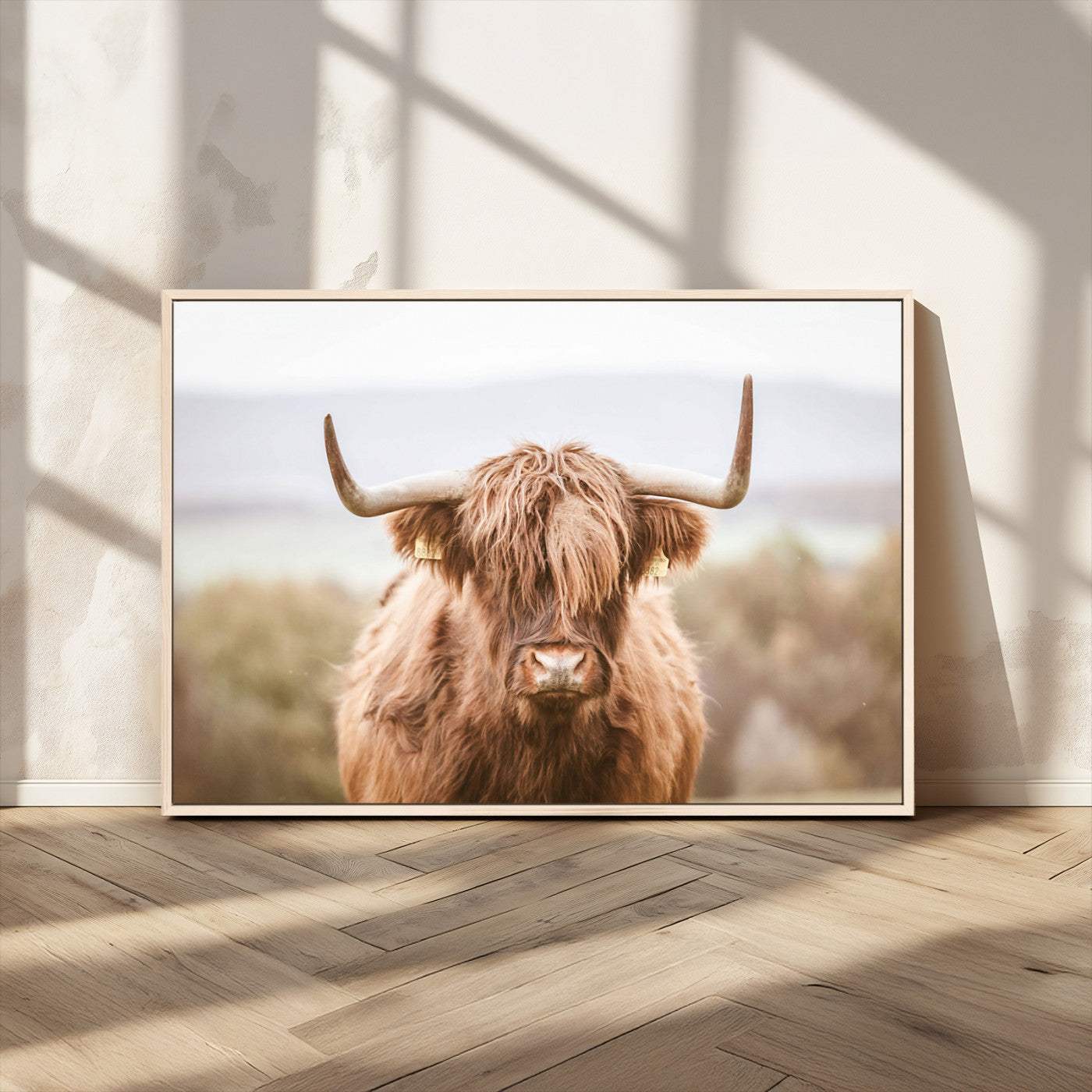 MGV-FC-36X24 - Scottish Serene Highland Cow Canvas Wall Art – Serene Highland Cow in Natural Pastel Tones – Ready