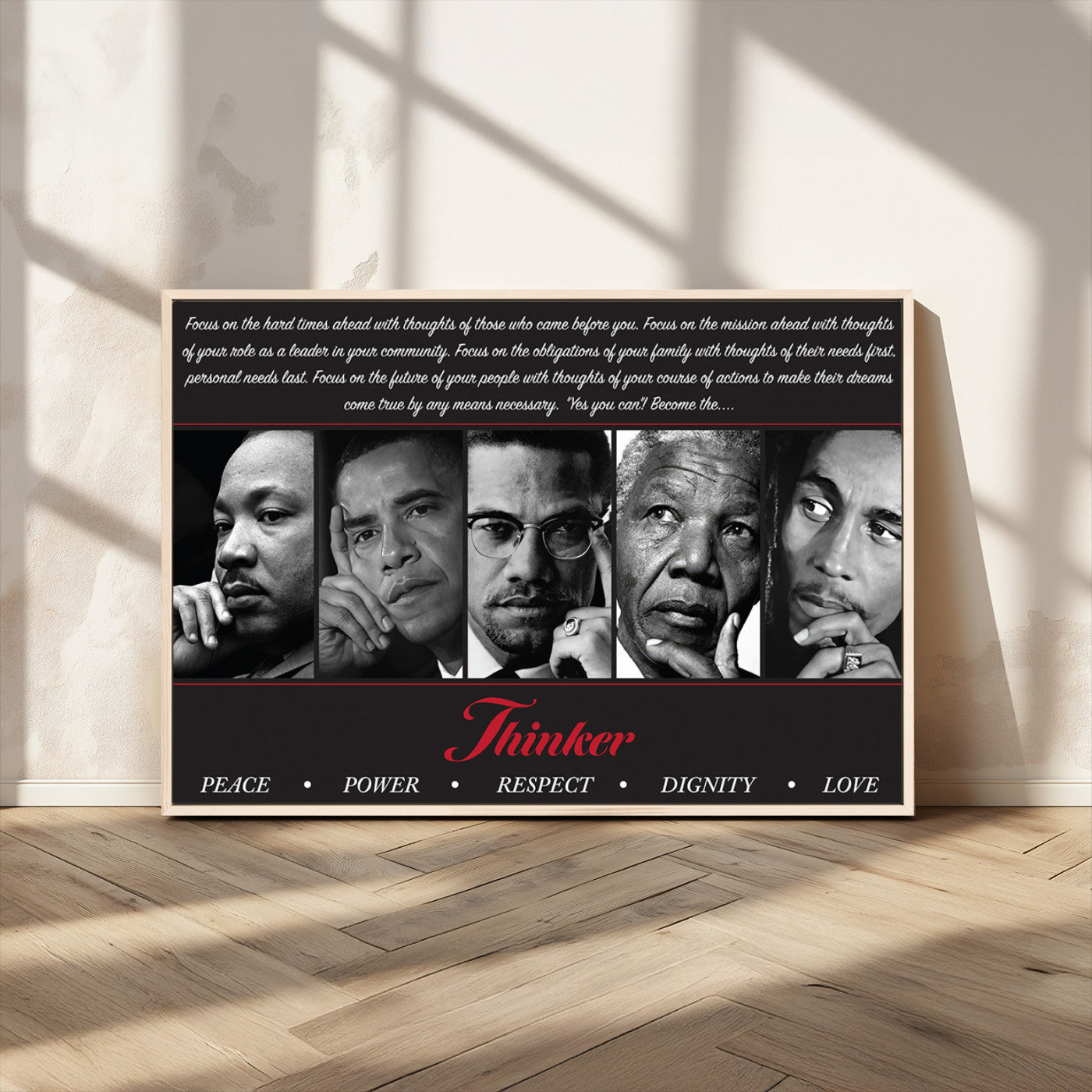 MGV-FC-36X24 - Thinker Quintet Canvas Wall Art – Martin, Obama, Malcolm X, Mandela, Marley Featuring Peace, Power,