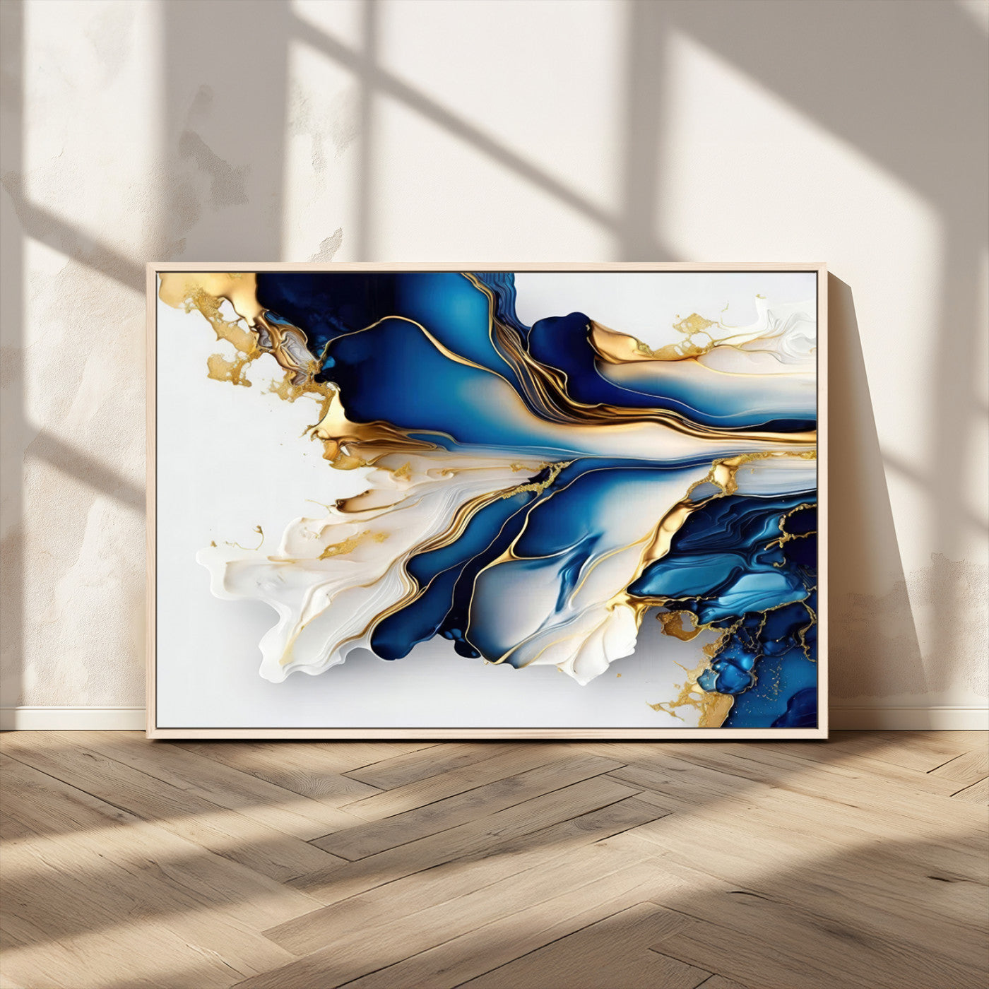 MGV-FC-36X24 - Gold Marble Art - Abstract Geode Gold And Blue Marble Shape 3 Pieces Wall Art Canvas Print