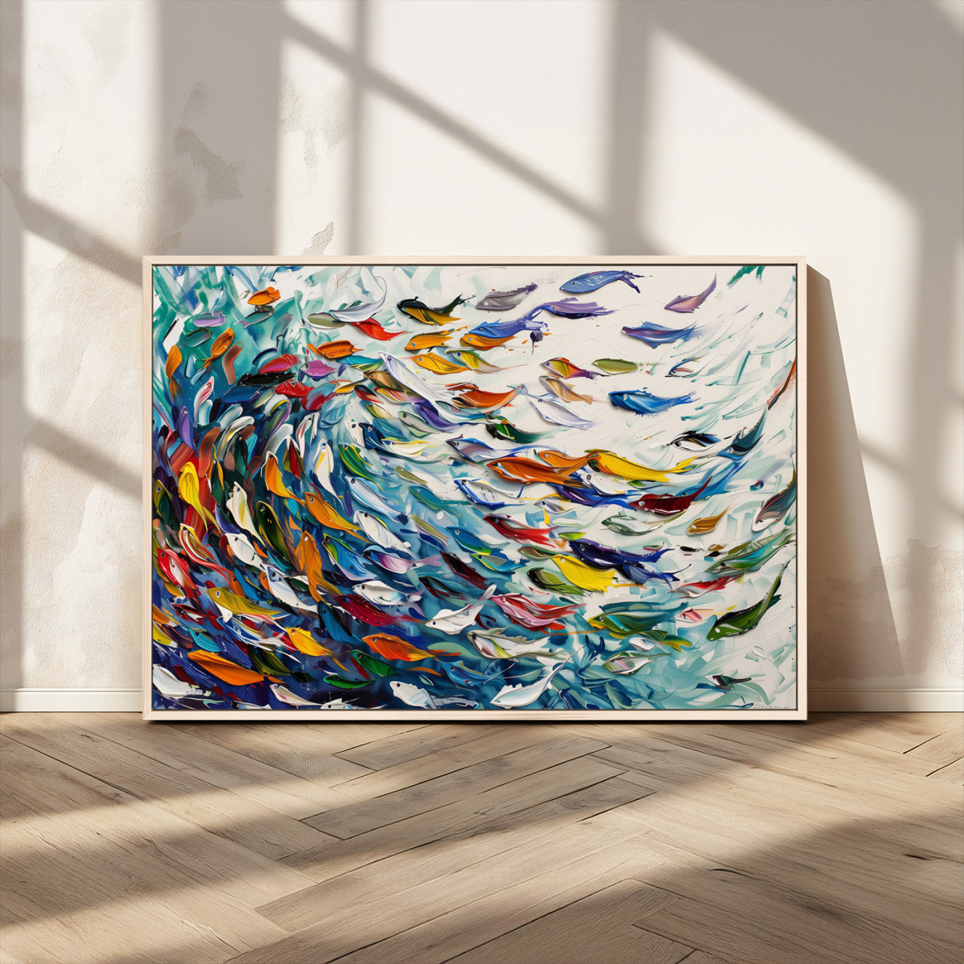 MGV-FC-36X24 - Modern Abstract Fish Shoal Wall Art Canvas Print, Colorful Fish Herd Painting on Canvas Print, Ocean
