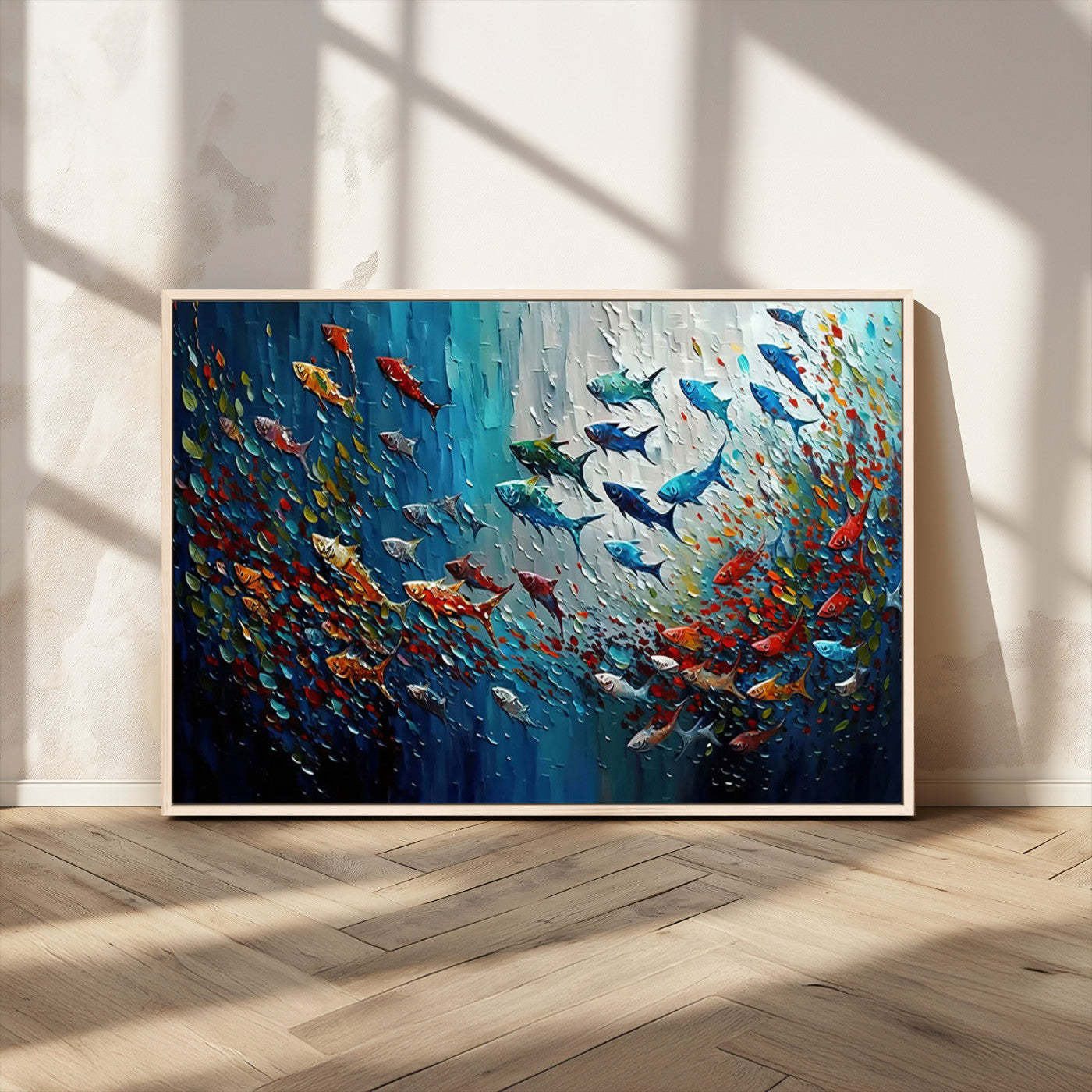 MGV-FC-36X24 - Modern Abstract Fish Shoal Wall Art Canvas Print, Colorful Fish Herd Painting on Canvas Print, Ocean