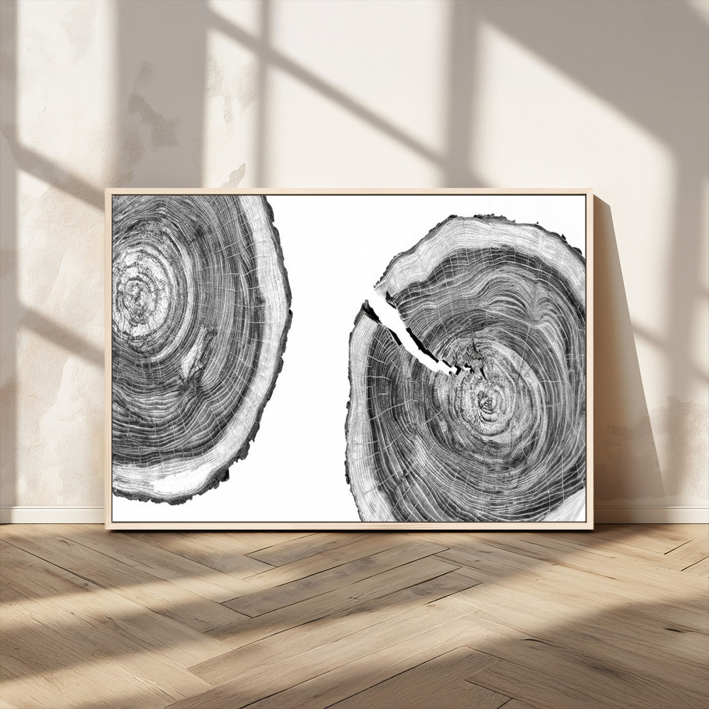 MGV-FC-36X24 - Modern Black and White Tree Rings Canvas Wall Art – Nature Inspired Wood Slice Print – Minimalist