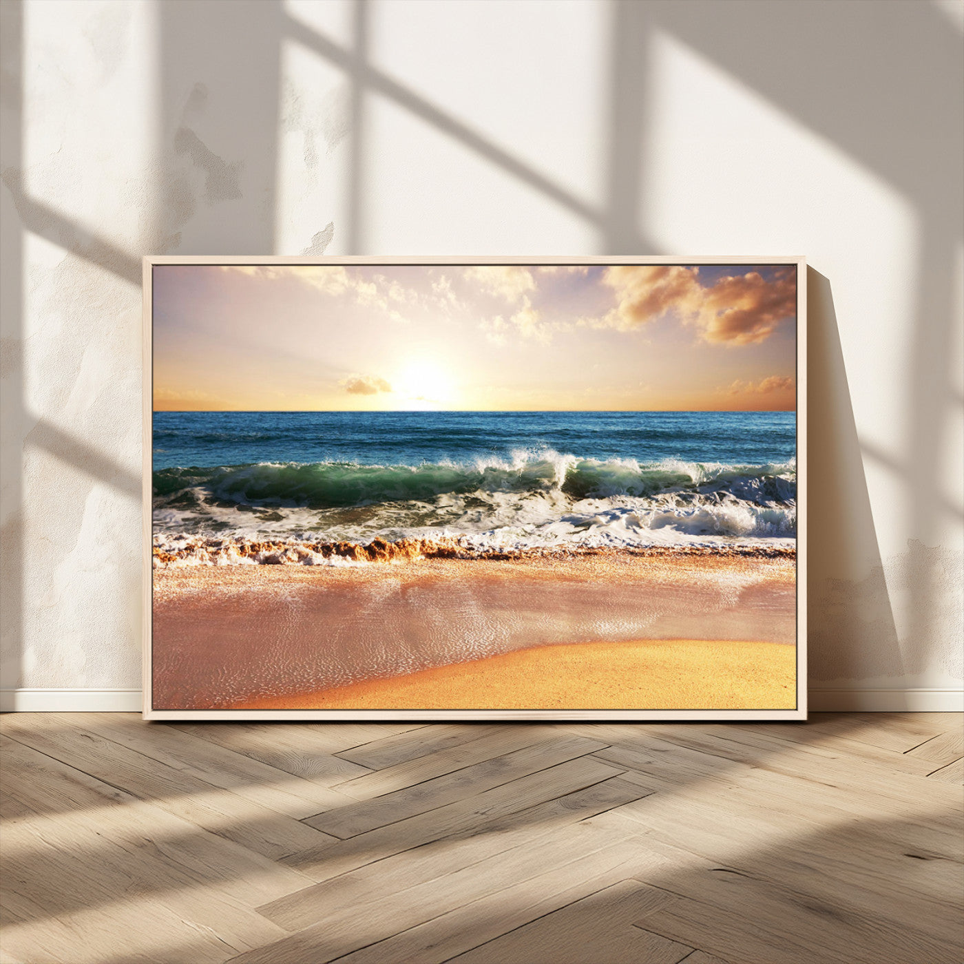 MGV-FC-36X24 - Sunset Beach Wall Art - 3-Panel Framed Canvas Print, Ready to Hang Ocean Sunset for Coastal and