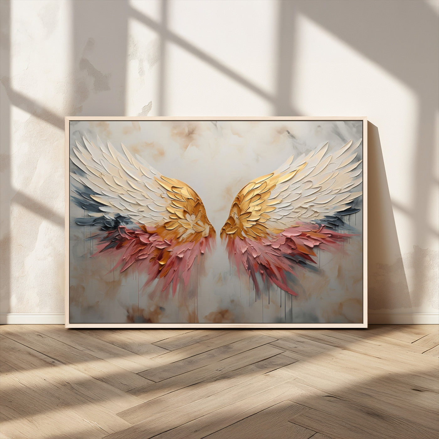 MGV-FC-36X24 - Golden Angel Wings Wall Art Canvas Print – Stunning Abstract Winged Art for Elegant Home Decor –