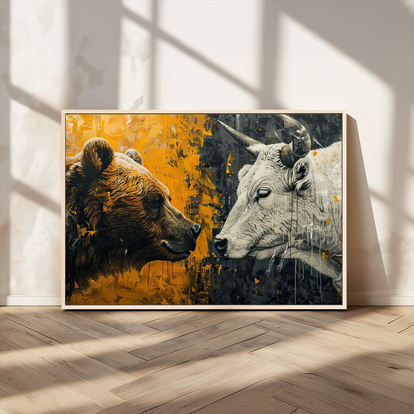 MGV-FC-36X24 - Bear and Bull Wall Art Canvas Print – Abstract Animal Portrait Painting for Modern Home Decor –