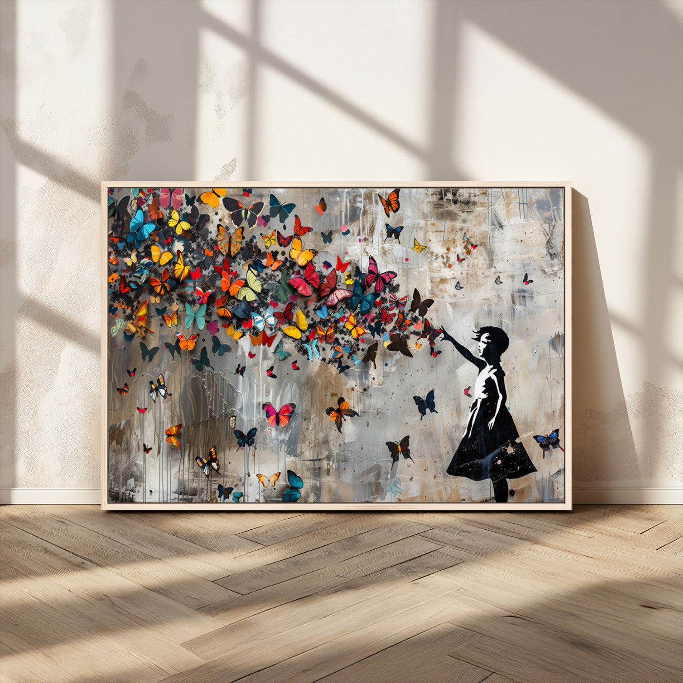MGV-FC-36X24 - Banksy Wall Art - Banksy Girl and Butterfly Explosion Wall Art Canvas Print | Girl with Butterflies