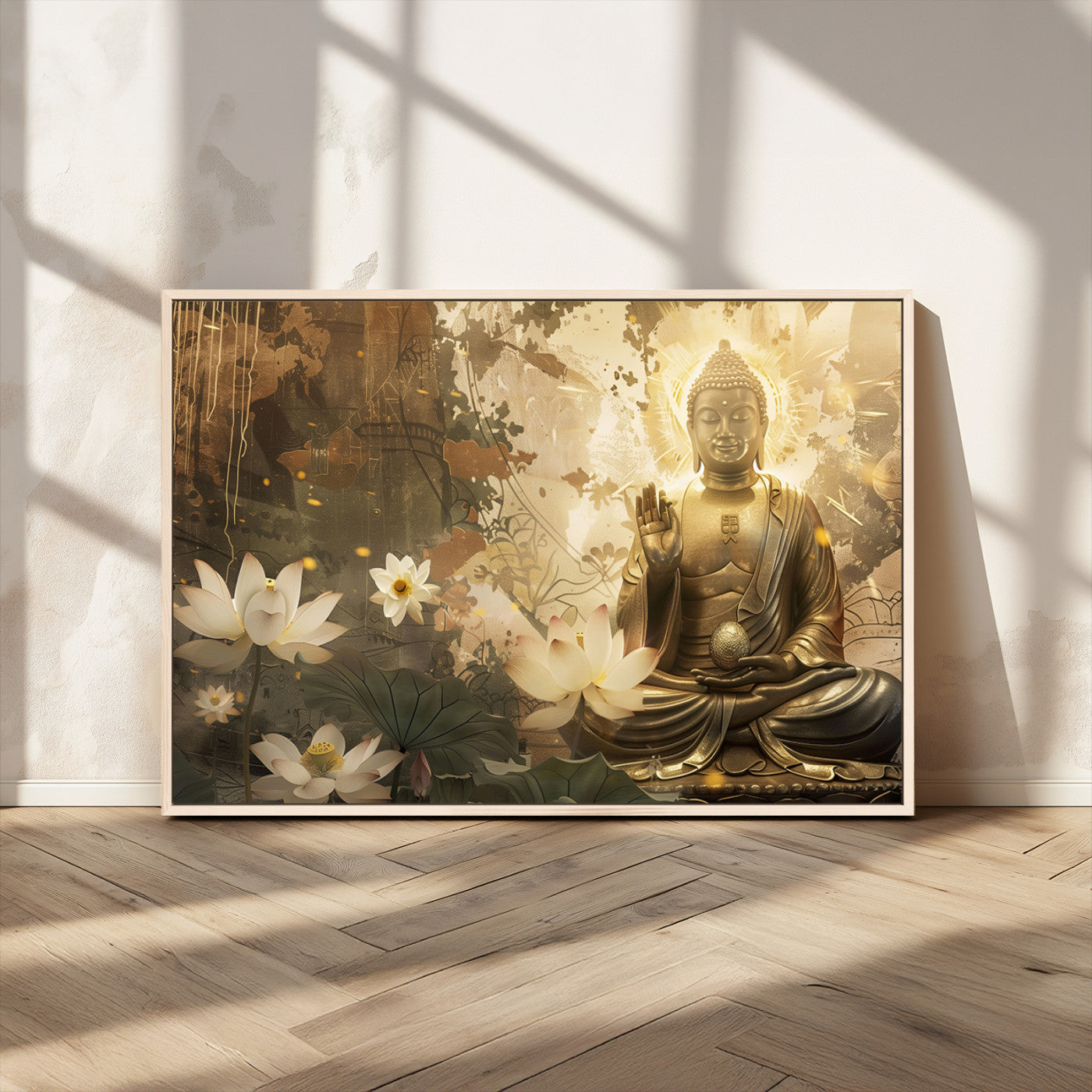 MGV-FC-36X24 - Zen Buddha Wall Art Canvas Print | Peaceful Meditation Decor with Lotus Flowers | Spiritual Serenity