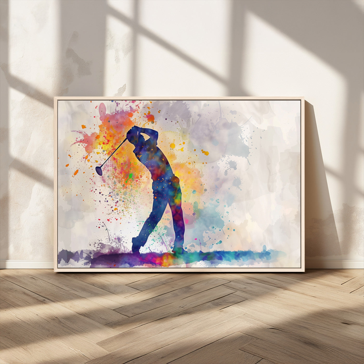 MGV-FC-36X24 - Watercolor Golf Swing Wall Art Canvas Print | Vibrant Abstract Golf Player Silhouette |