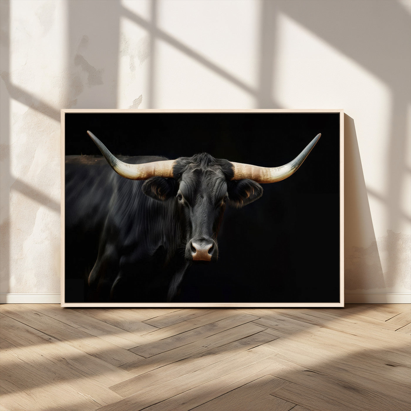 MGV-FC-36X24 - Texas Longhorn Cow | Majestic Black Bull Wall Art Canvas Print - Farmhouse Animal Decor - Ready to