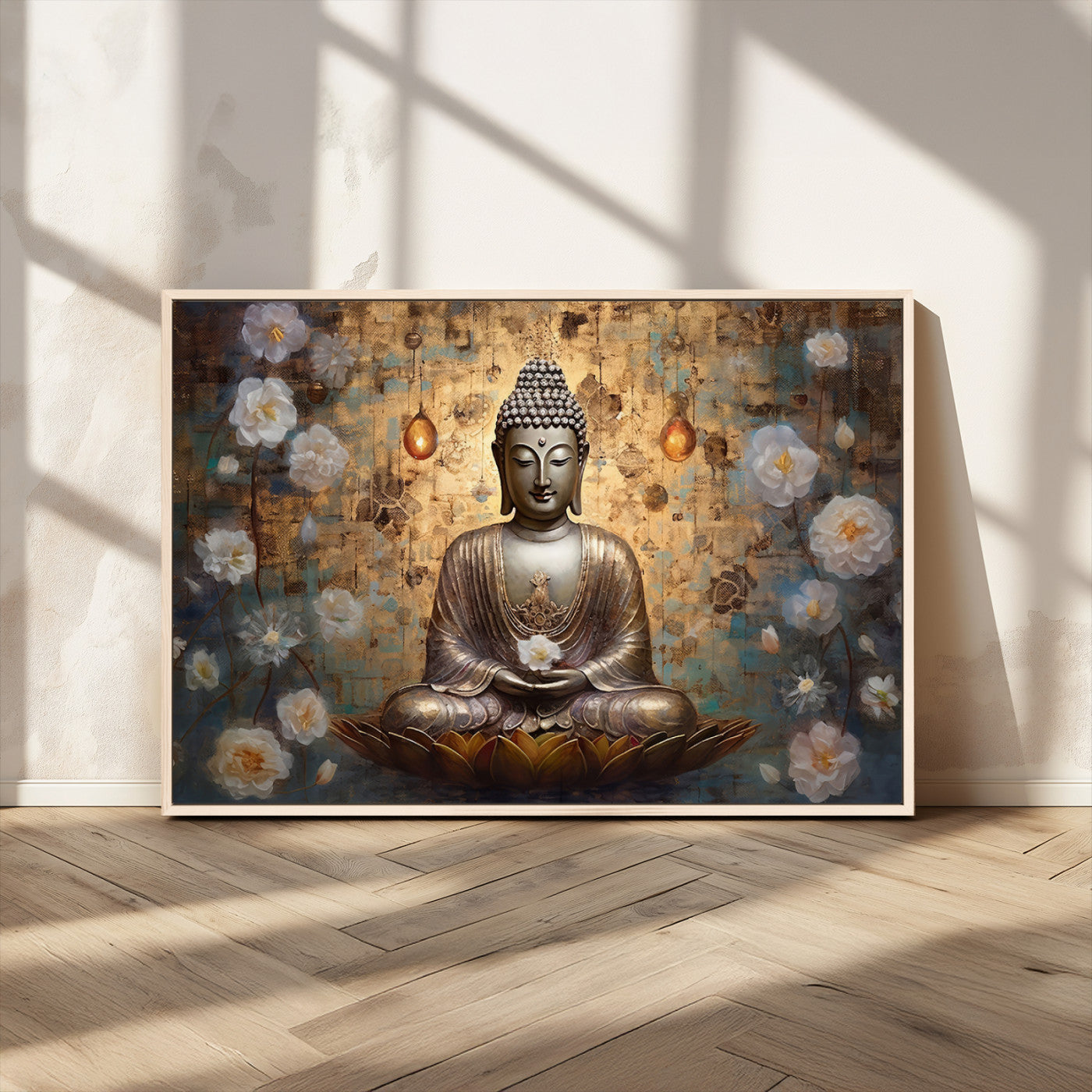 MGV-FC-36X24 - Golden Buddha Wall Art Canvas Print | Zen Meditation Floral Decor | Tranquil Spiritual Home Art |