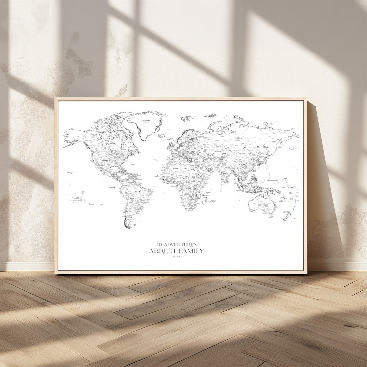 MGV-FC-36X24 - Custom World Map Wall Art – Personalized Framed Canvas Print with Push Pins for Travel Tracking,