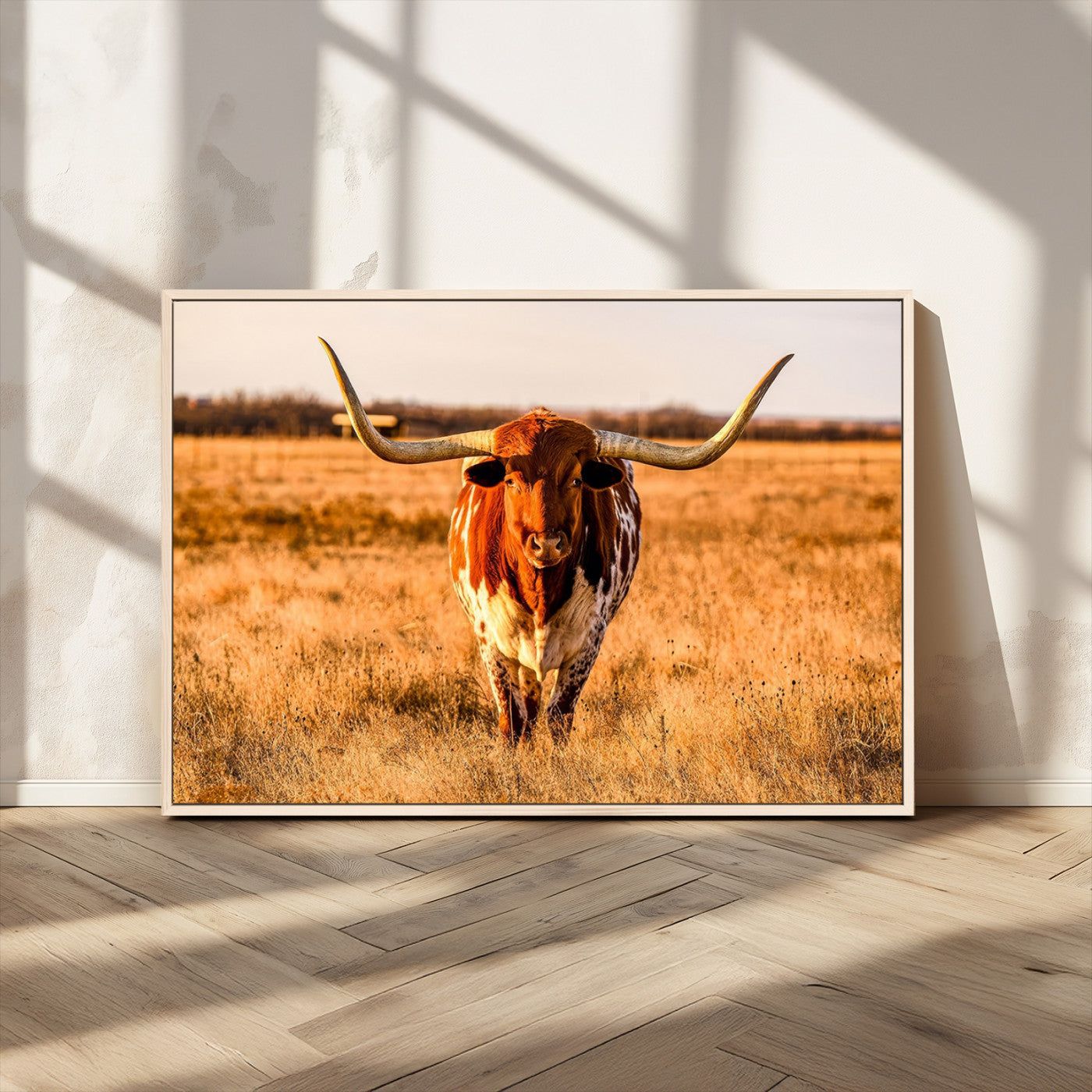 MGV-FC-36X24 - Longhorn Cow Wall Art | Ready to Hang Framed Canvas Print for Farmhouse and Barn Decor